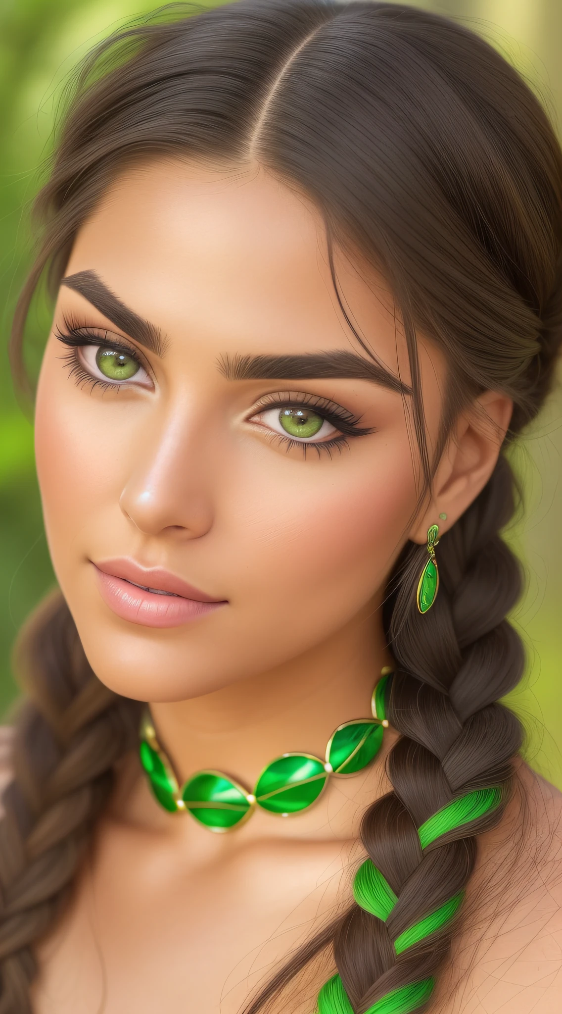 a close up of a woman with a braid in her hair, extremely beautiful face, big bold thick eyebrows, sexy girl with green eyes, flawless olive skin, with gorgeous detailed eyes, black hair and large eyes, gorgeous latina face, gorgeous attractive face, perfect face and eyes, bright piercing brown eyes, with stunning green eyes, thick bushy straight eyebrows