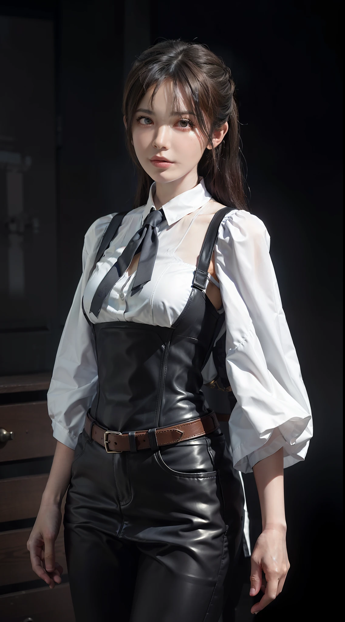 Hyperrealist portrait of female by david hockney and alphonse mucha,fantasy art, photo realistic, dynamic lighting, artstation, poster, volumetric lighting, very detailed faces, 4 k, award winning,, 1girl, in the dark, deep shadow, low key,cowboy shot,(official clothing:1.4) ,long hair,white hair,