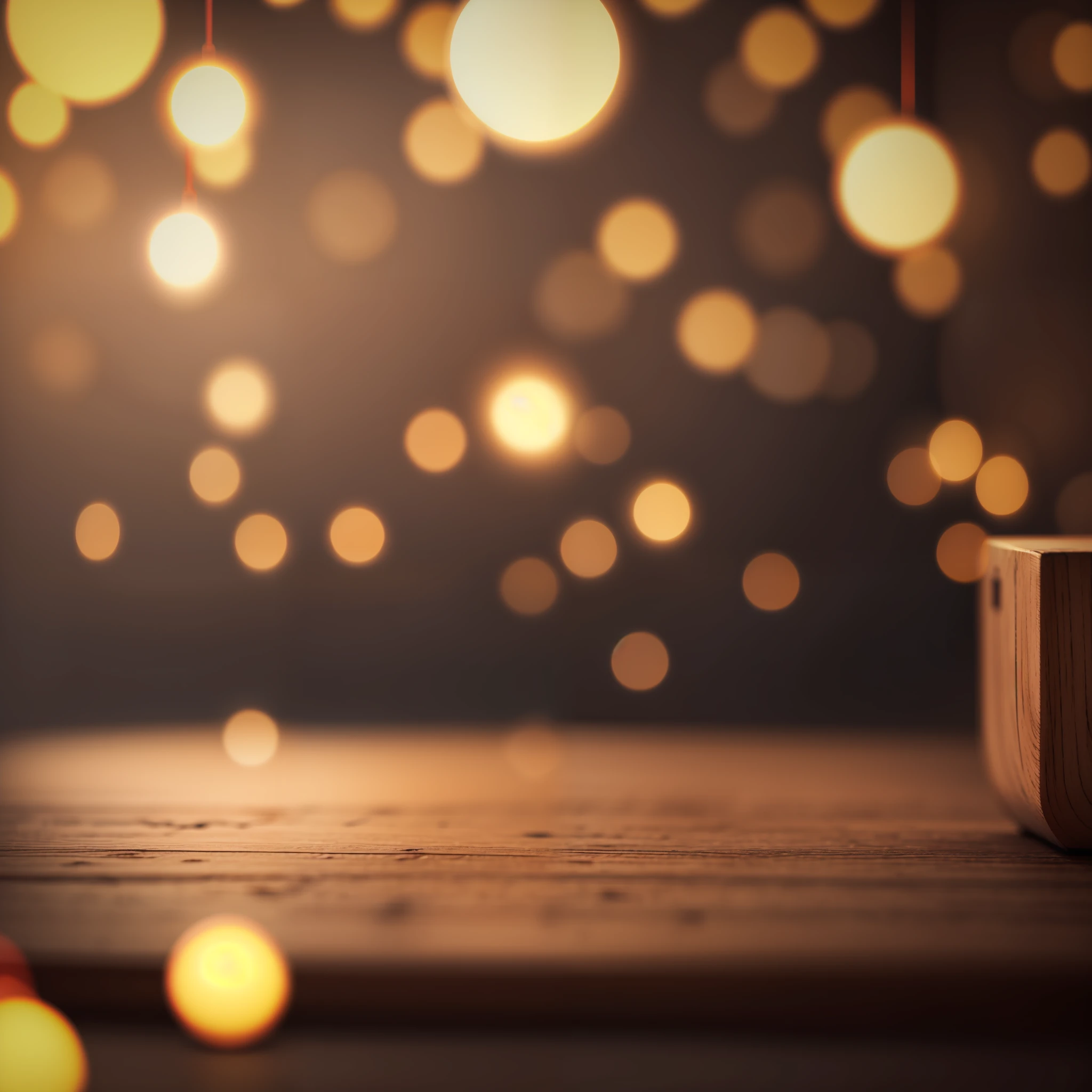 Empty wooden table top with bokeh lights on blurred