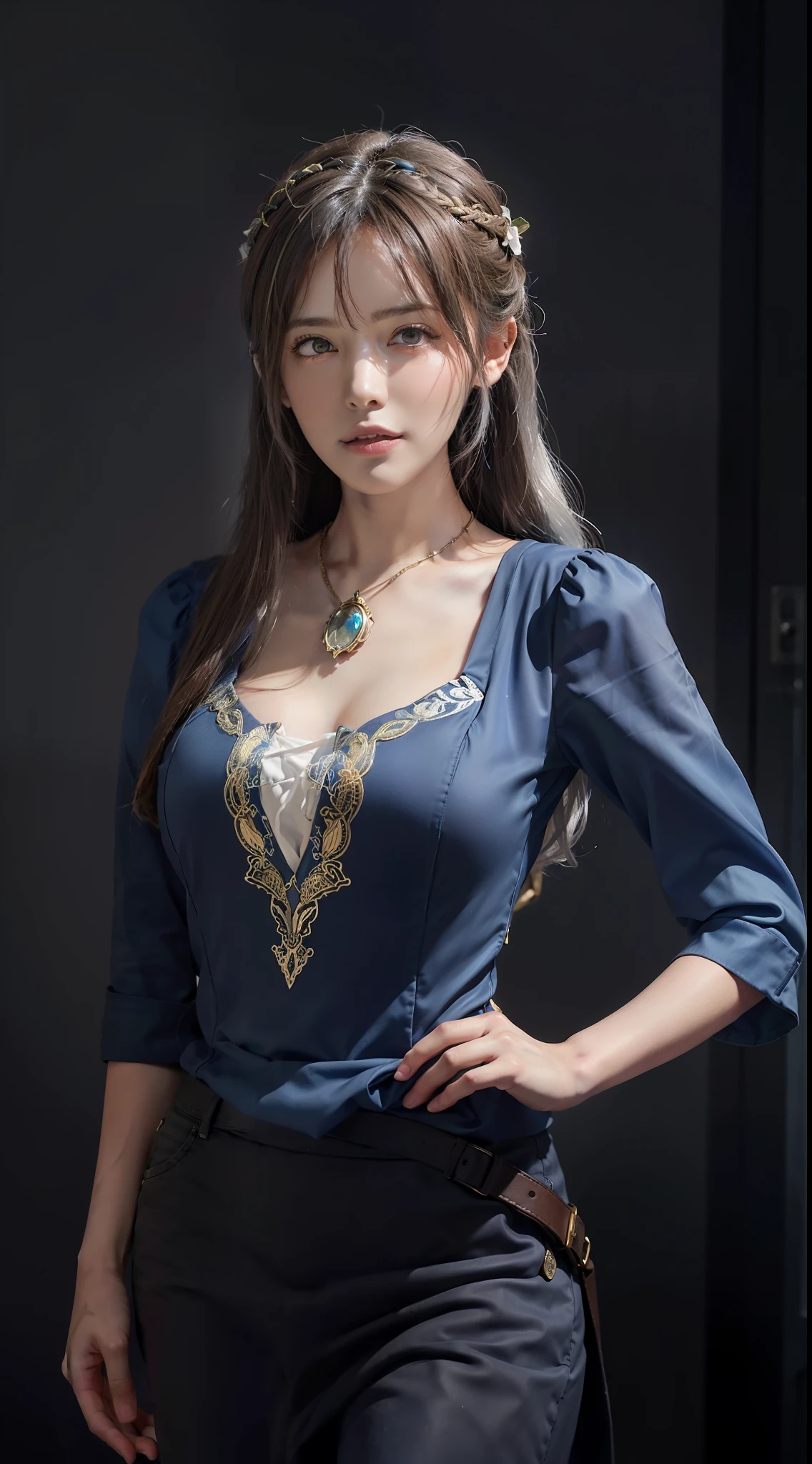 Hyperrealist portrait of female by david hockney and alphonse mucha,fantasy art, photo realistic, dynamic lighting, artstation, poster, volumetric lighting, very detailed faces, 4 k, award winning,, 1girl, in the dark, deep shadow, low key,cowboy shot,(official clothing:1.4) ,long hair,white hair,