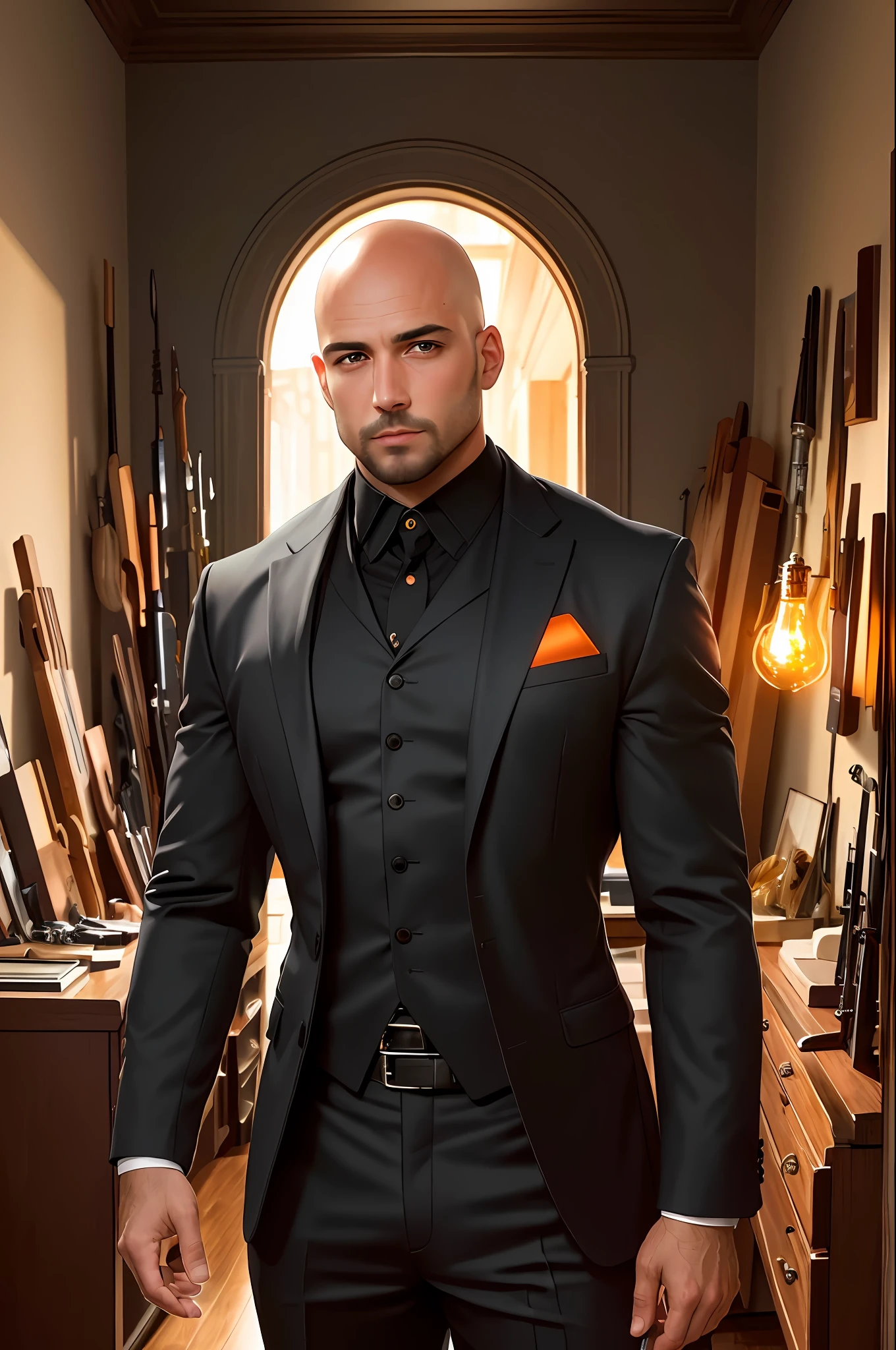 (masterpiece, top quality, best quality, official art, beautiful and aesthetic: 1.2), bald man 31 years, flavio mazy, upper body, full black suit, room full of weapons, orange taillight,