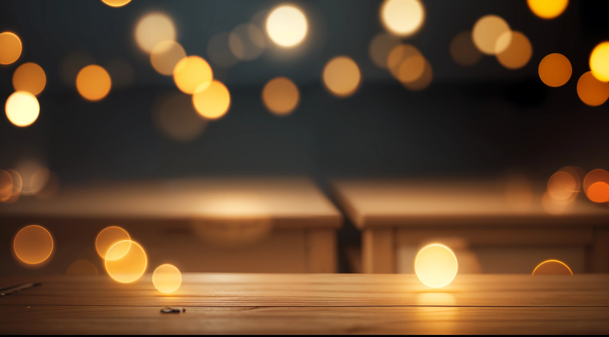 Empty wooden table top with bokeh lights on blurred