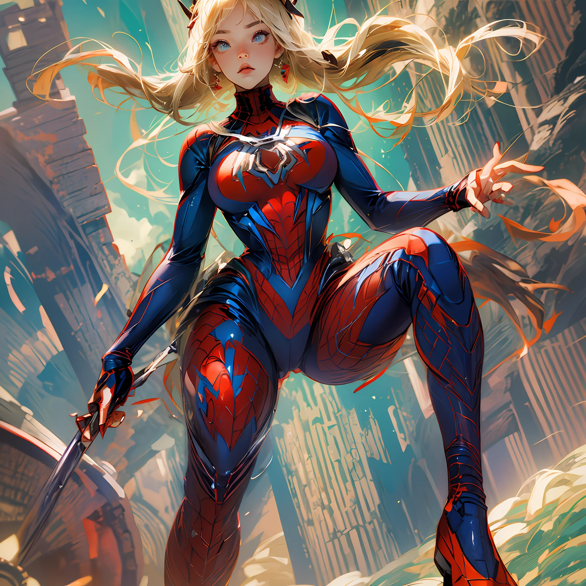anime style, (maximum quality: sharpness: resolution: detailed) full body photo of a woman: Spider-Man: Ultraman, solo, large breasts, long blonde hair: smooth: movement in the wind: in front of the eye,torn clothing,showing --auto --s2