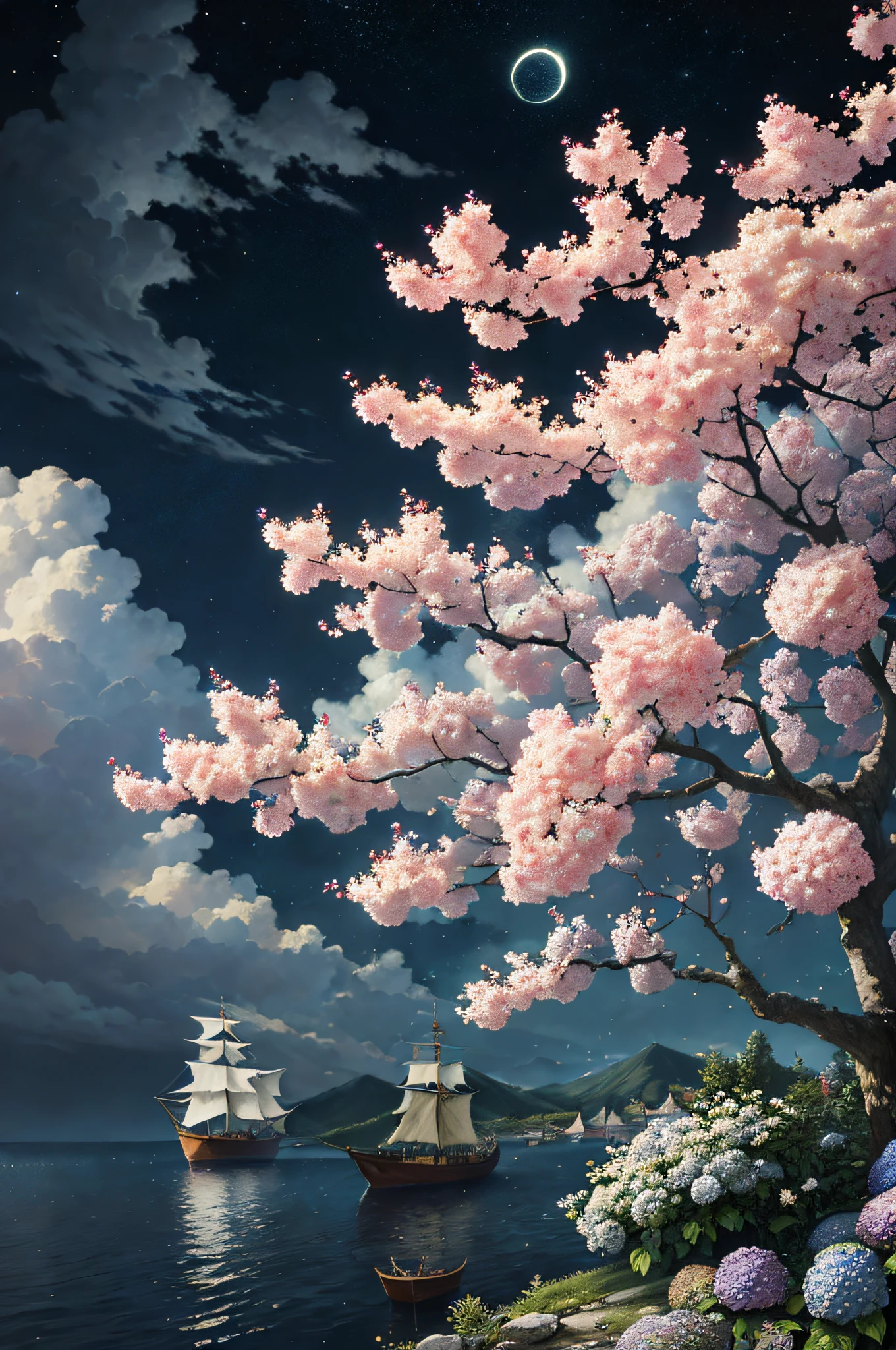 paint (strokes)+, atmosphere, intricate, clouds, aspect ratio 1:1, raytracing, Bokeh, smooth, (colorful), (detailed complex busy background: 0.8), hydrangea, repair drones, (night:1.4), Sharp Eyeliner, intricate details, hand on Chinese sword, beautiful, flat illustration, scenery, detail love, (ultra-detailed), day, photon mapping, ((intricate details)), ship wake, (The Peach Tree), crowd,