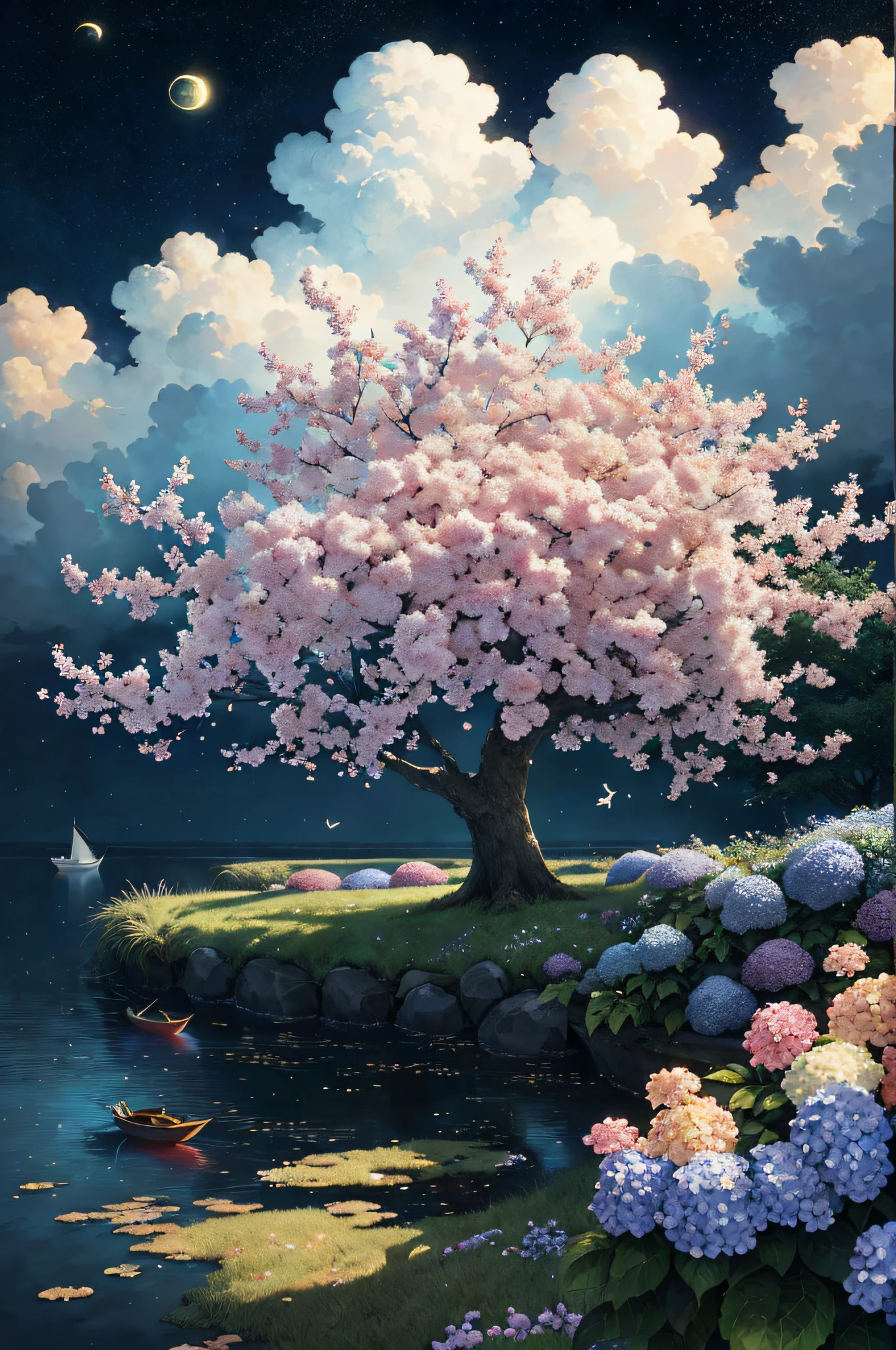 paint (strokes)+, atmosphere, intricate, clouds, aspect ratio 1:1, raytracing, Bokeh, smooth, (colorful), (detailed complex busy background: 0.8), hydrangea, repair drones, (night:1.4), Sharp Eyeliner, intricate details, hand on Chinese sword, beautiful, flat illustration, scenery, detail love, (ultra-detailed), day, photon mapping, ((intricate details)), ship wake, (The Peach Tree), crowd,