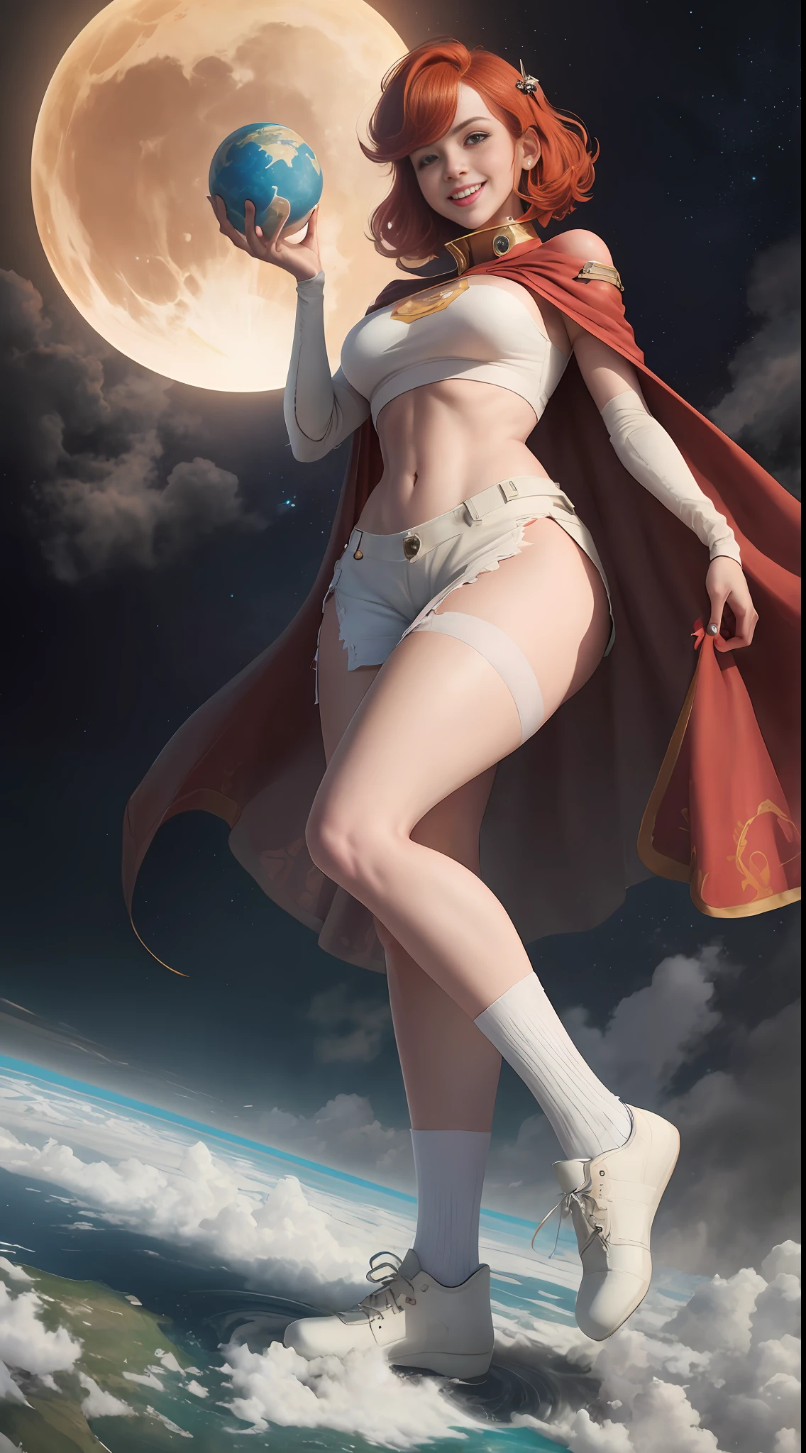 (((Towering over you)))), Belle Delphine in provocative crop top, red hair, smiling badly, standing on a planet in space with her whole body in sight, socks without the heel part, heel out of socks, socks with heel exposed, heel exposed, wearing a cape, cape over the shoulders, white colored clothing, planets, short hair, Bob Hair with Bangs, looking at the viewer, seen from below wearing a cape, sock torn on the heel, heel skin exposed, heel, sock torn, bangs bob hair, heel detailed, sock torn on the heel, bare feet, no shoes