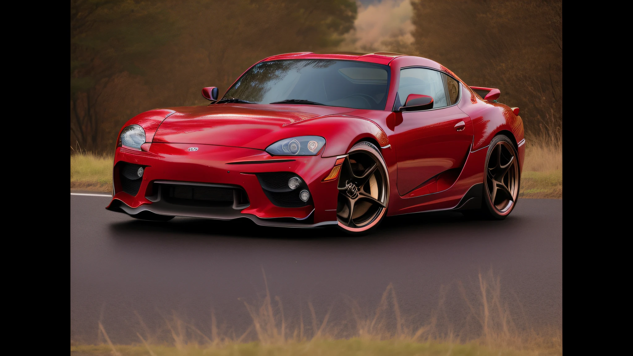 a close up of a red sports car parked on a road, wide body, very sad c 12.0, front on, full view of a sport car, close body shot, front perspective, miura kentaro style, full - body - front - shot, alterd carbon, late 2000’s, toyota supra, but very good looking”