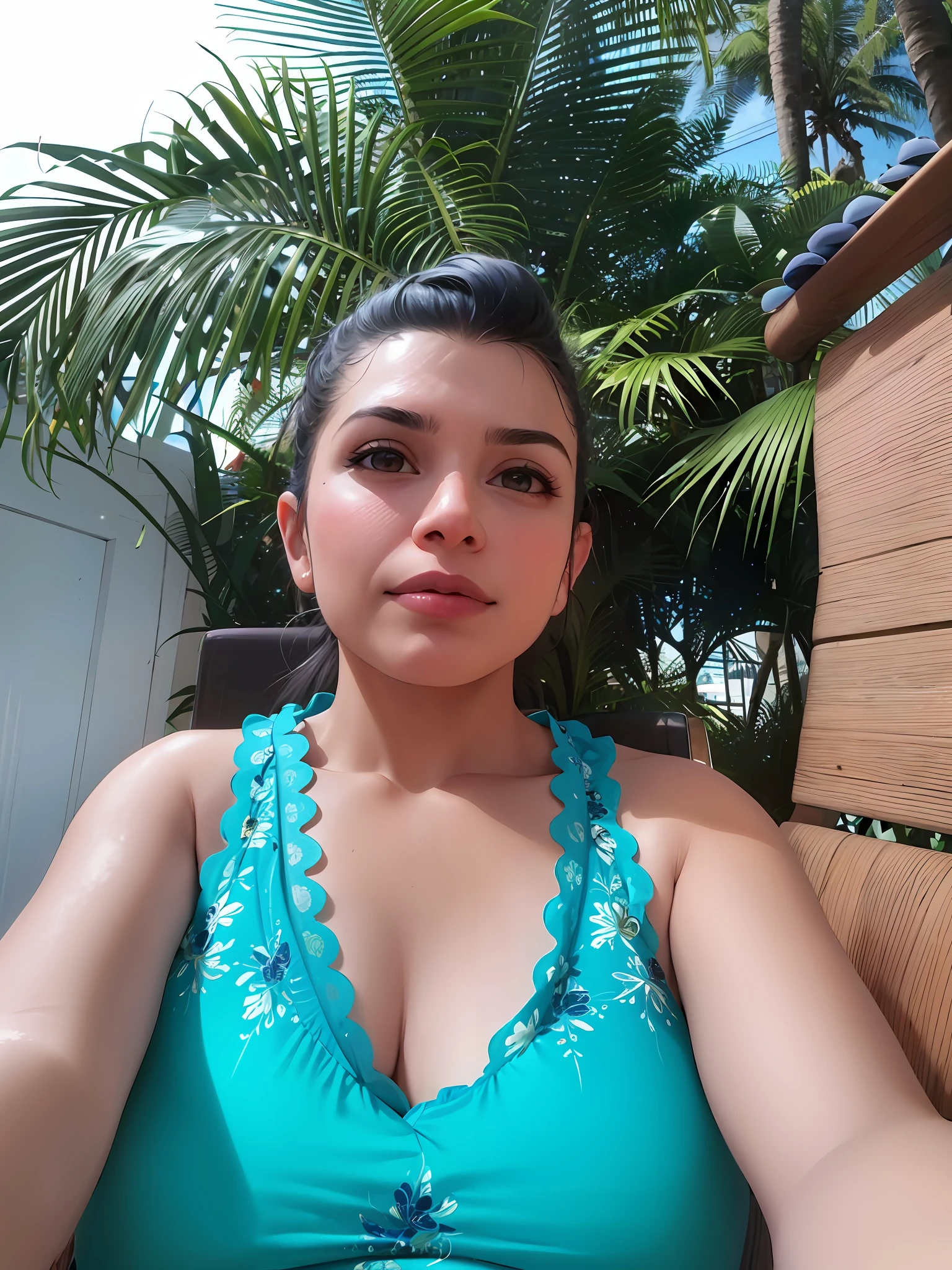 woman in a blue top sitting in a chair with a banana, by Nándor Katona, 3 5 year brazilian mother, frontal picture, 3 0 years woman, 30-year-old woman from cuba, foto realista, fernanda suarez, pilar, photo of a woman, profile image, 4 5 yo