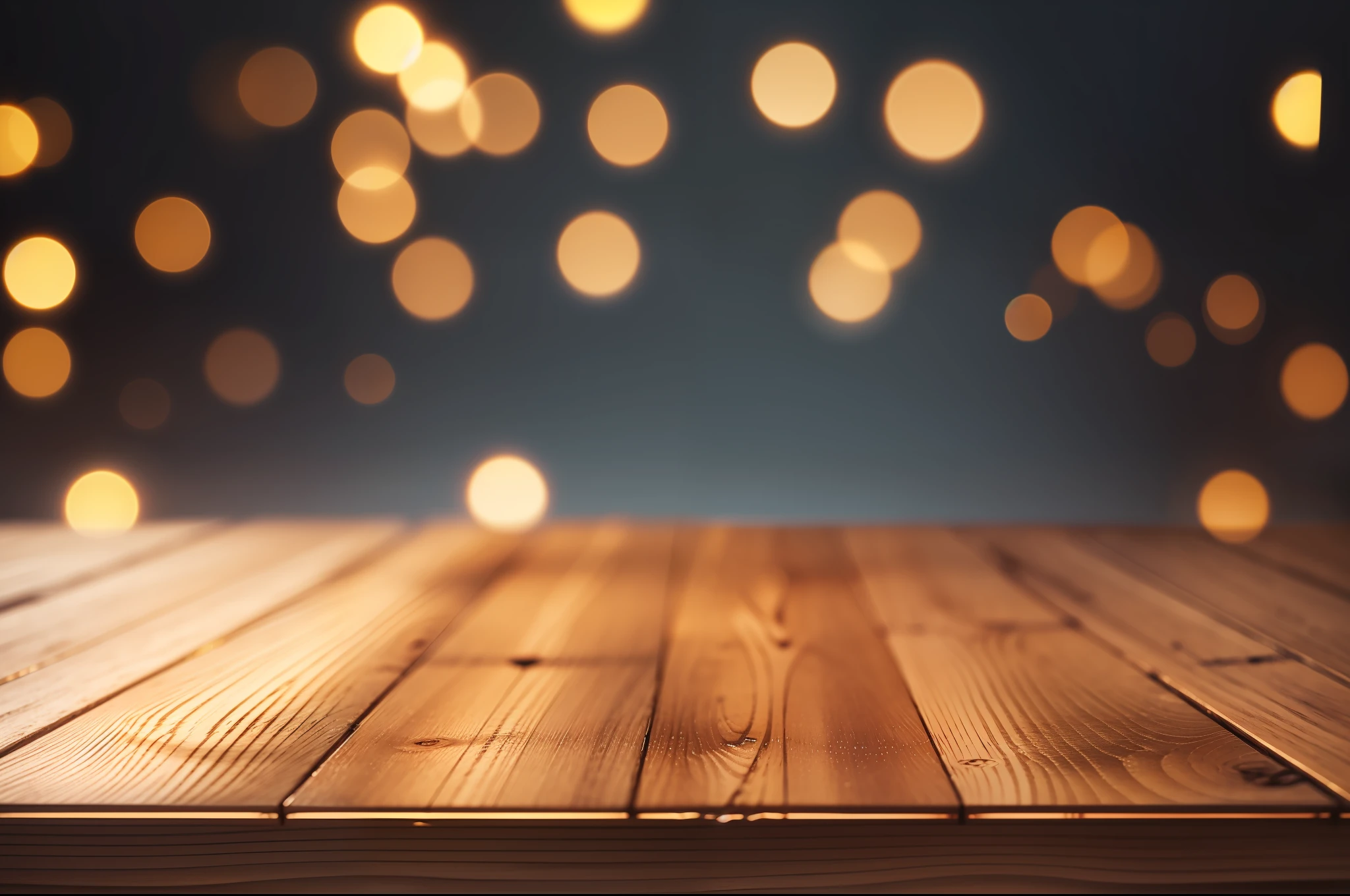 Empty wooden table top with bokeh lights on blurred