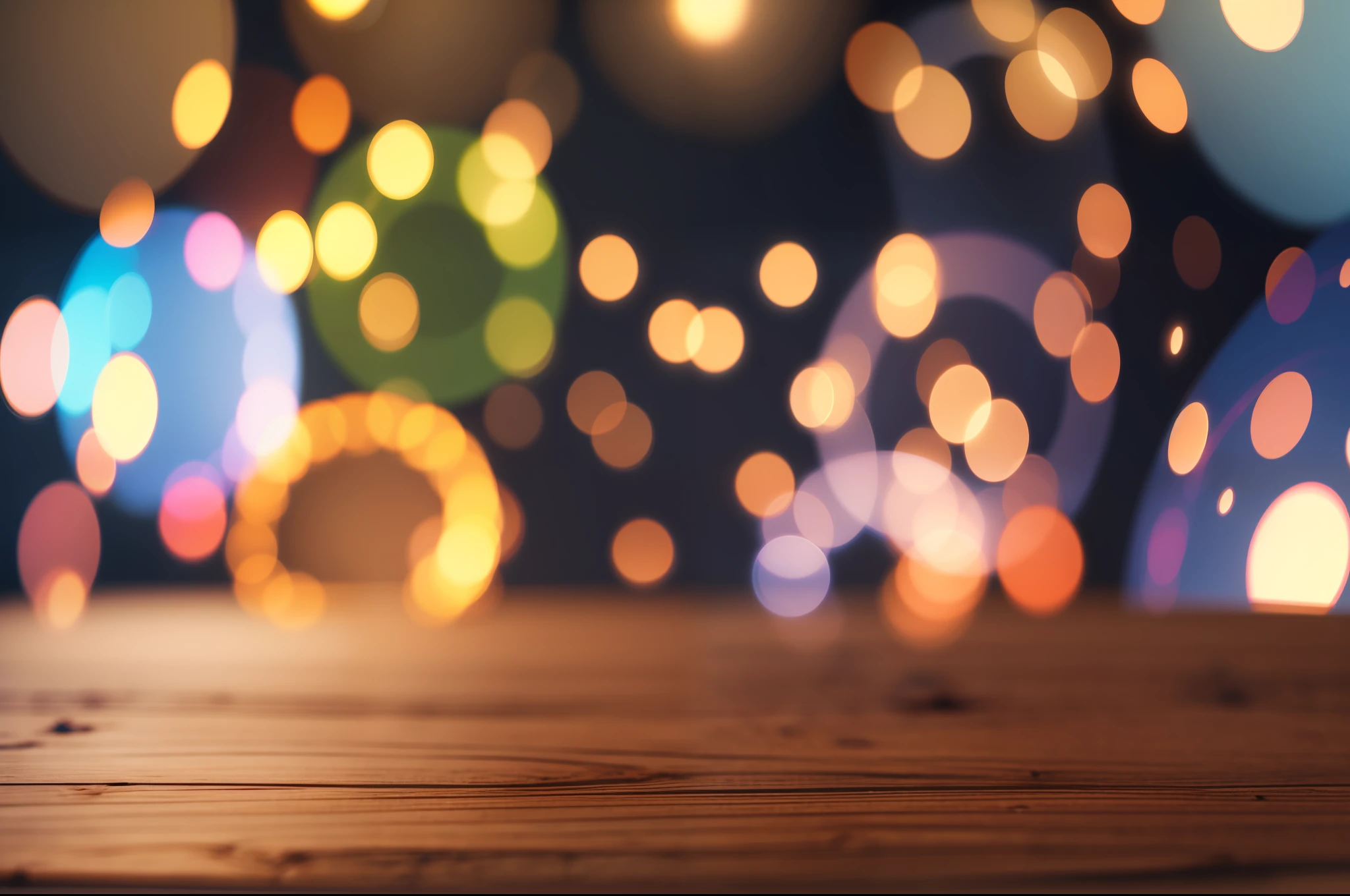 Empty wooden table top with bokeh lights on blurred