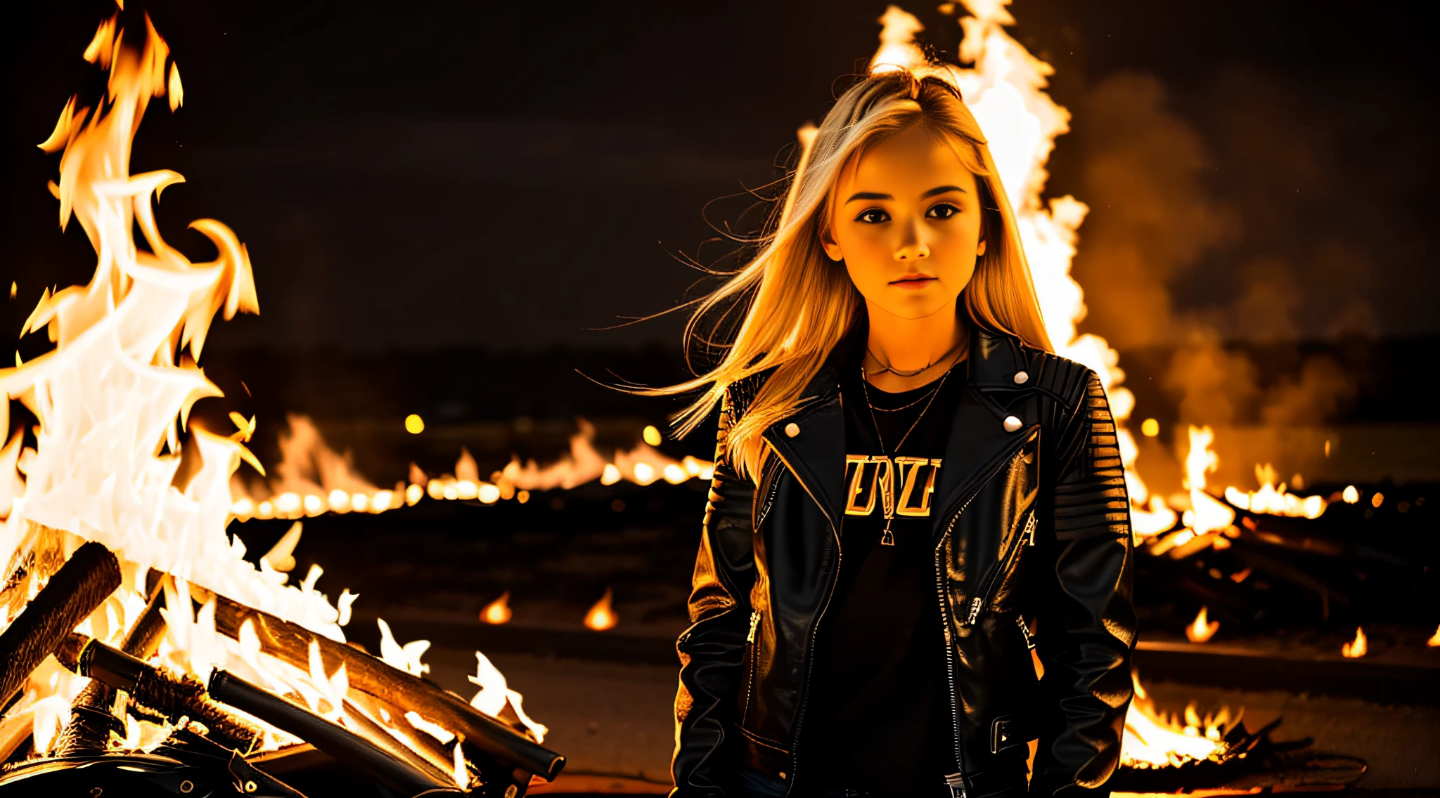 blonde child girls WITH STRAIGHT HAIR, BLACK LEATHER JACKET AND BLACK CLOTHING. PORTRAT STYLE, flames are glowing in the dark with a reflection of fire, flames of fire, flames in the background, fire and flames, flames in the background, place of fire roaring, flames of fire in the background, flames in flames, flames in the background, red flames in the background, fire and flames and smoke, fire in flames, many flames, flame and fire, fire in the background, Multiple flames