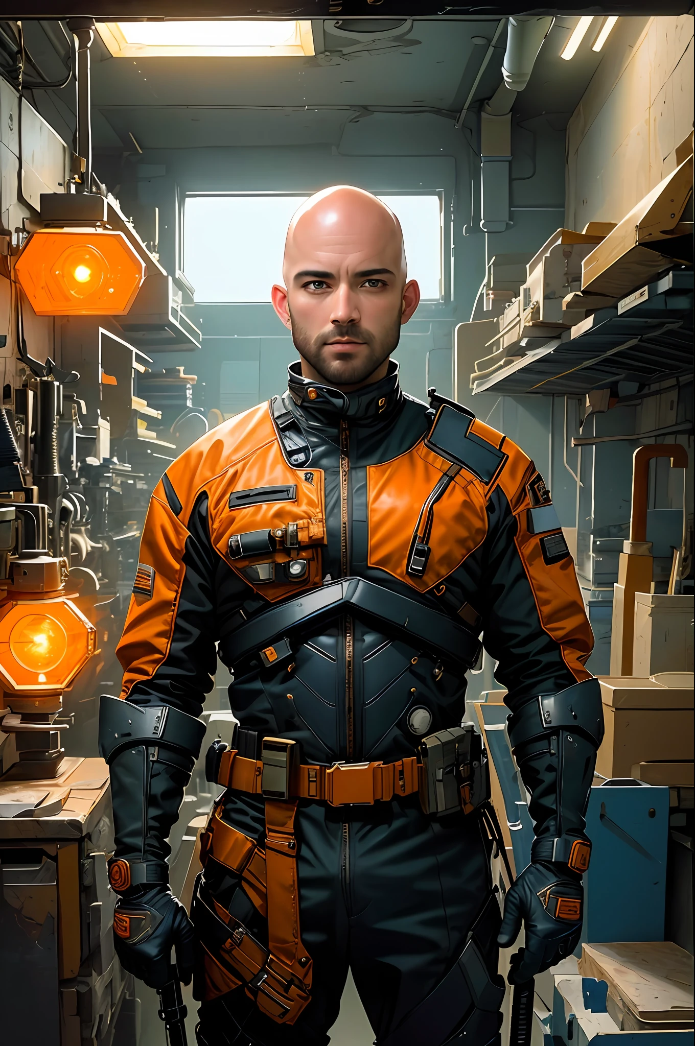(masterpiece, top quality, best quality, official art, beautiful and aesthetic: 1.2), bald man 31 years, flavio mazy, upper body, full black suit, room full of weapons, orange taillight,