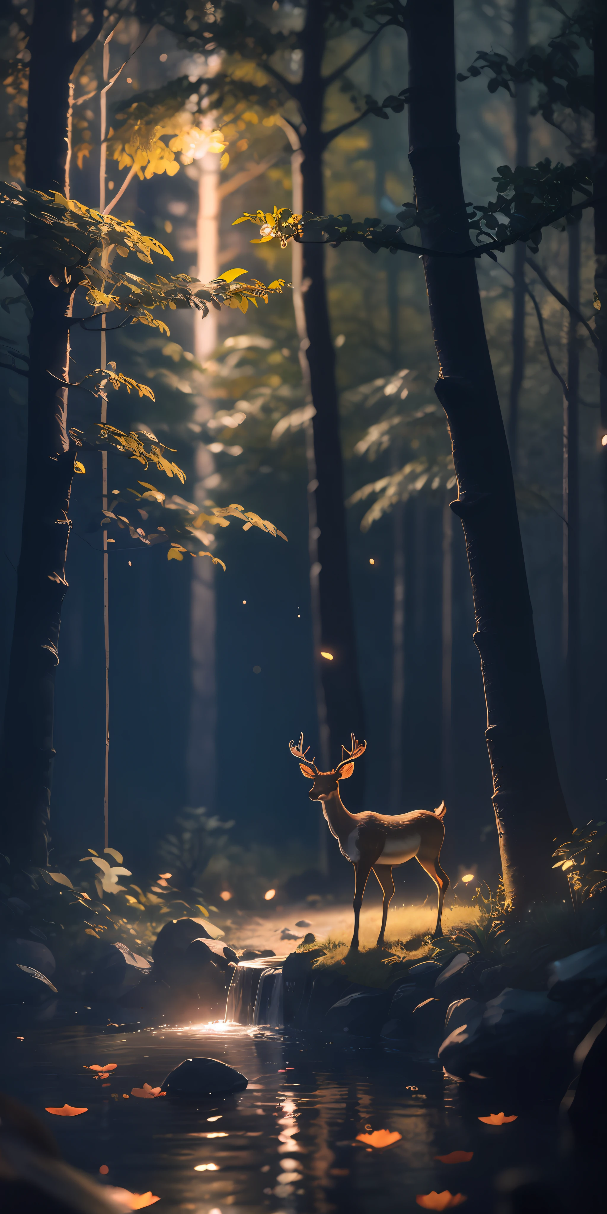 Masterpiece, best quality, (very detailed CG unified 8k wallpaper), (best quality), (best illustration), (best shadow), glowing elf with a glowing deer, drinking water in the pool, natural elements in forest theme. Mysterious forest, beautiful forest, nature, surrounded by flowers, delicate leaves and branches surrounded by fireflies (natural elements), (jungle theme), (leaves), (branches), (fireflies), (particle effects) and other 3D, Octane rendering, ray tracing, super detailed , deer --v6