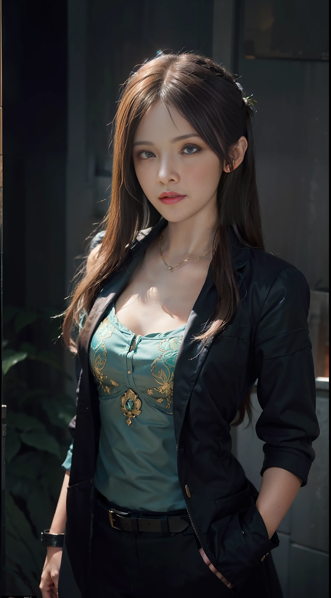 Hyperrealist portrait of female by david hockney and alphonse mucha,fantasy art, photo realistic, dynamic lighting, artstation, poster, volumetric lighting, very detailed faces, 4 k, award winning,, 1girl, in the dark, deep shadow, low key,cowboy shot,(official clothing:1.4) ,long hair,white hair,