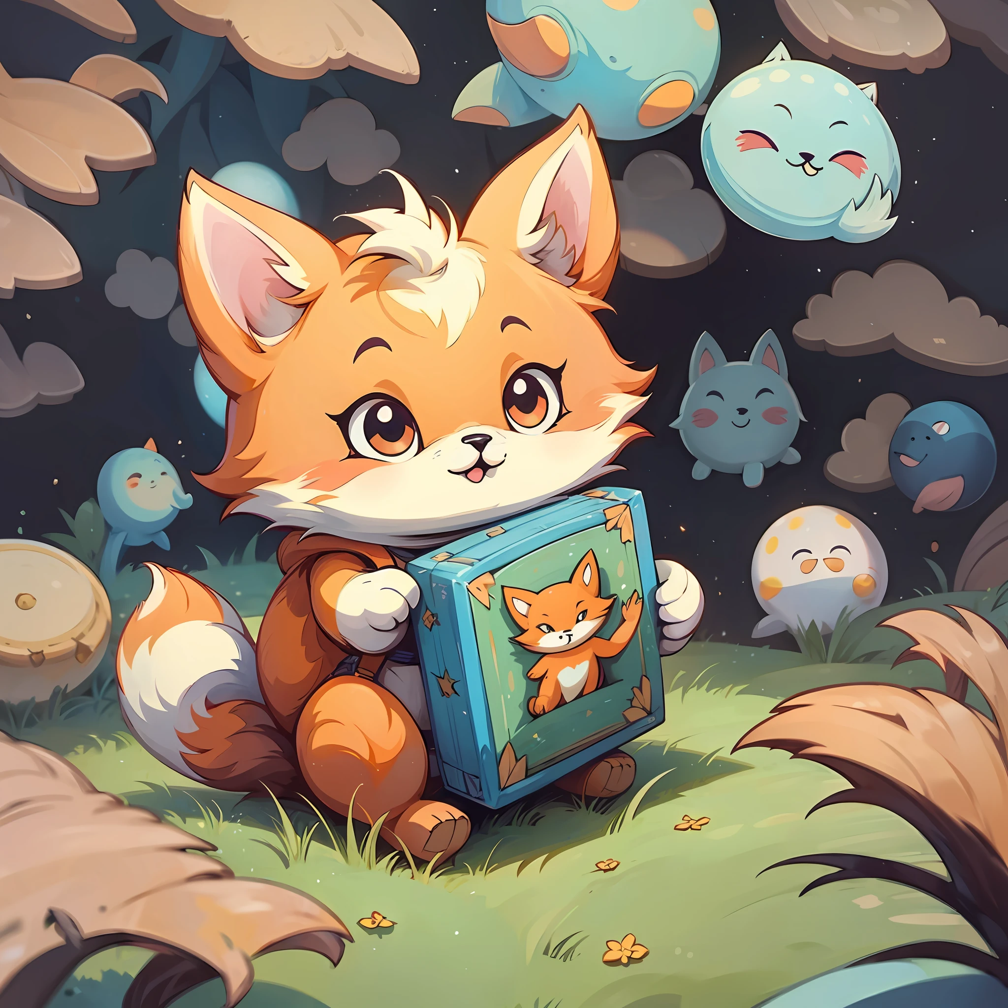 a sticker of storybook fox holding a box --auto --s2