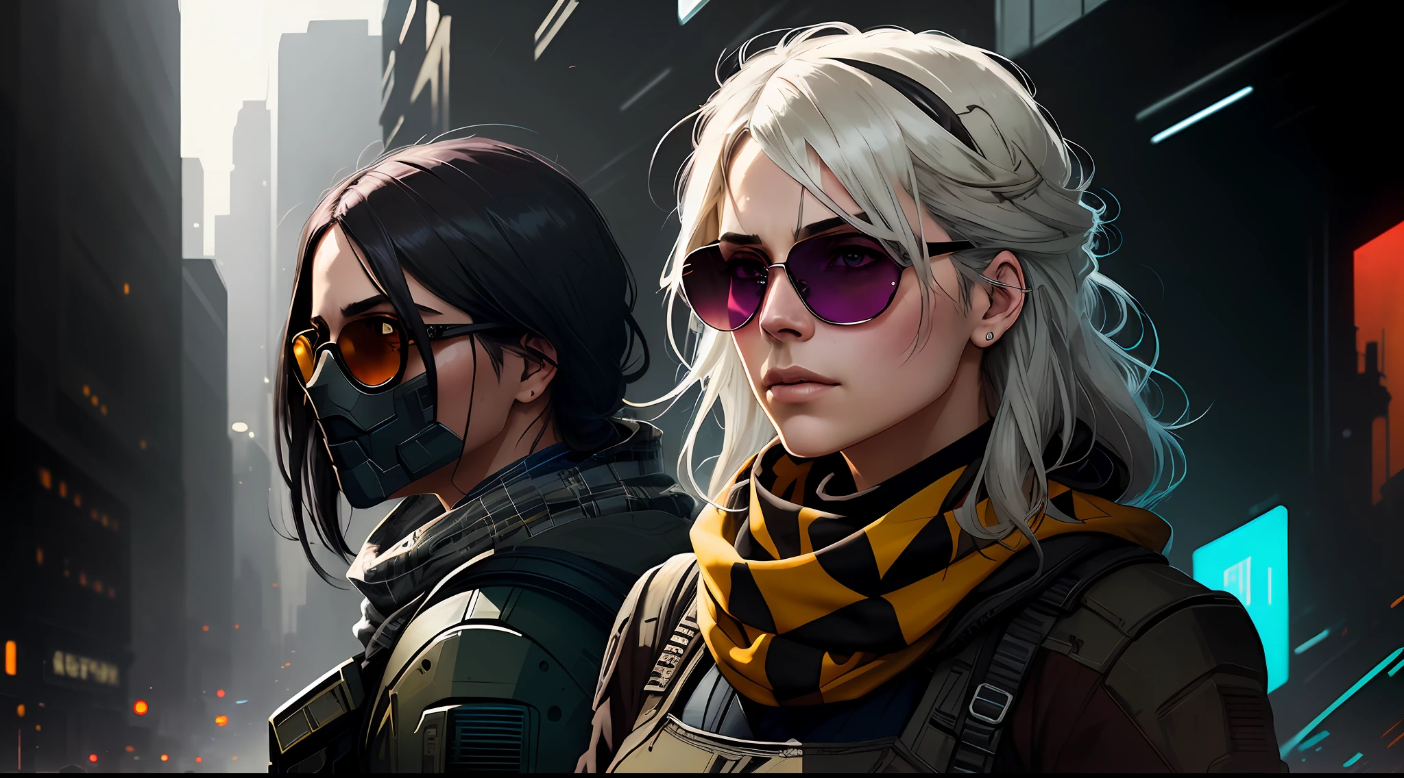 (dark shot:1.1), epic realistic, portrait of halo, sunglasses, blue eyes, tartan scarf, white hair by atey ghailan, by greg rutkowski, by greg tocchini, by james gilleard, by joe fenton, by kaethe butcher, gradient yellow, black, brown and magenta color scheme, grunge aesthetic!!! graffiti tag wall background, art by greg rutkowski and artgerm, soft cinematic light, adobe lightroom, photolab, hdr, intricate, highly detailed, (depth of field:1.4), faded, (neutral colors:1.2), (hdr:1.4), (muted colors:1.2), hyperdetailed, (artstation:1.4), cinematic, warm lights, dramatic light, (intricate details:1.1), complex background, (rutkowski:0.66), (teal and orange:0.4)