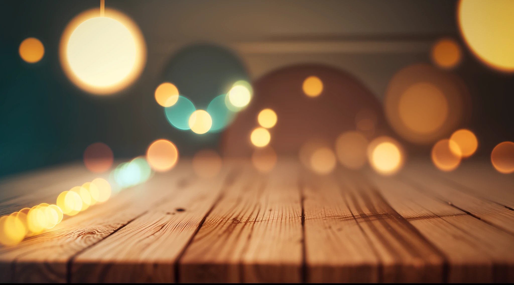 Empty wooden table top with bokeh lights on blurred
