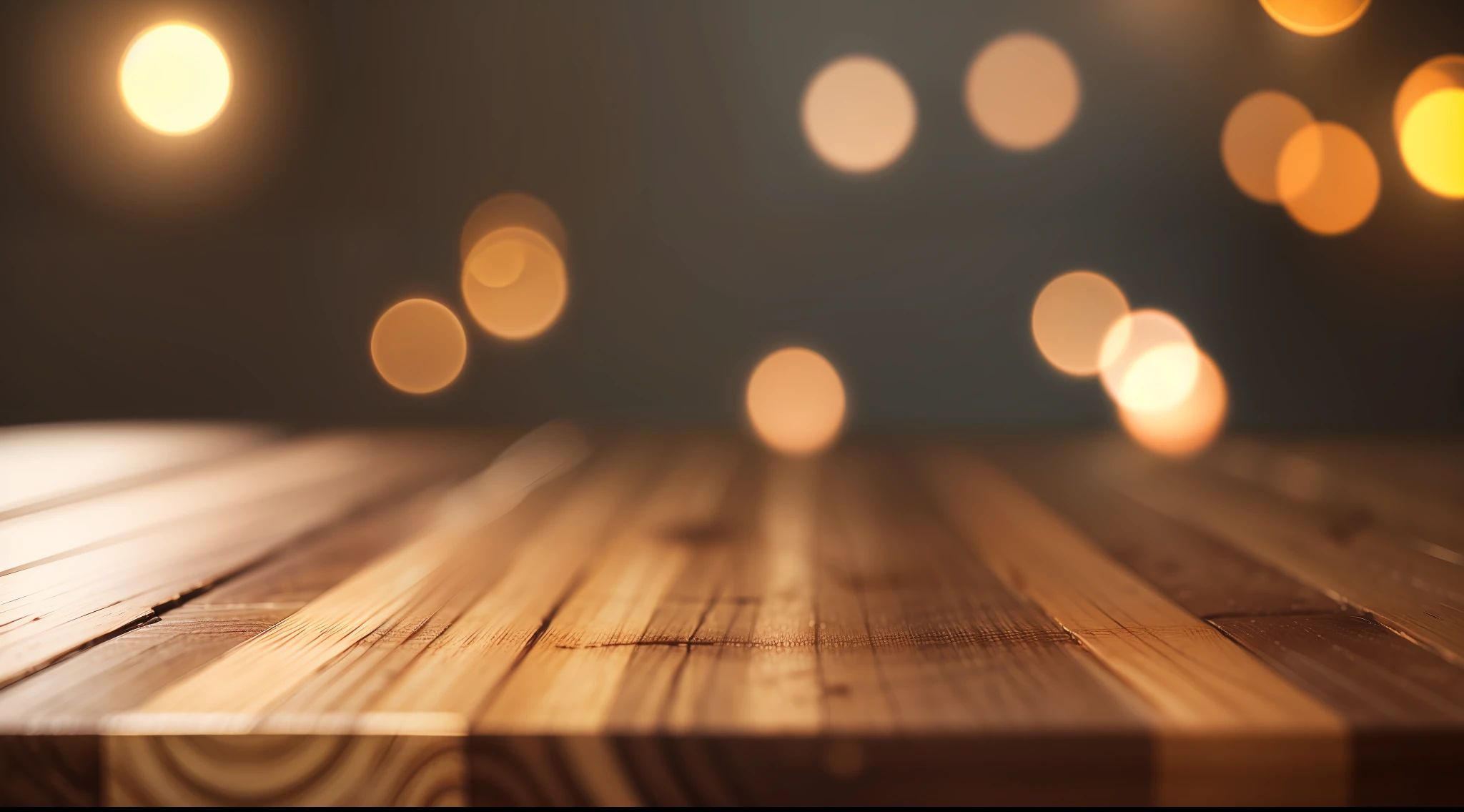 Empty wooden table top with bokeh lights on blurred