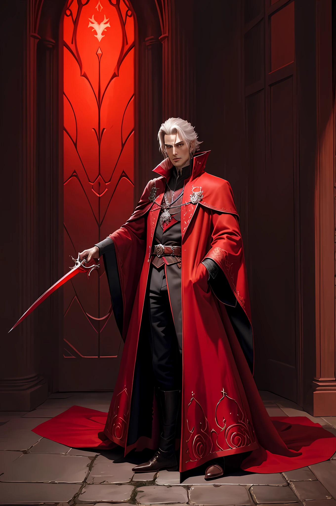 arafed image of a man in a red coat with a sword, demon noble character design, casimir art, vampire lord, portrait of a red sorcerer, fantasy rpg symmetrical portrait, male vampire, picture of a male cleric, male vampire of clan banu haqim, evil male sorcerer, portrait of emperor of mankind