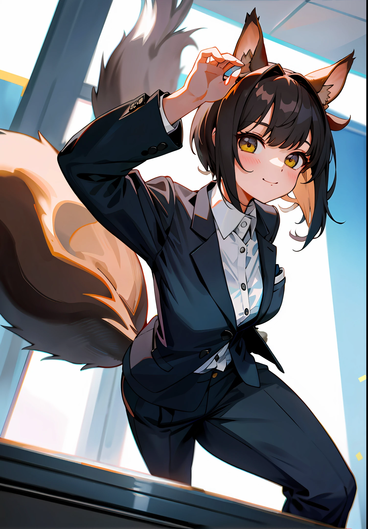 Girl with squirrel ears and tail, suit, office, shortcut