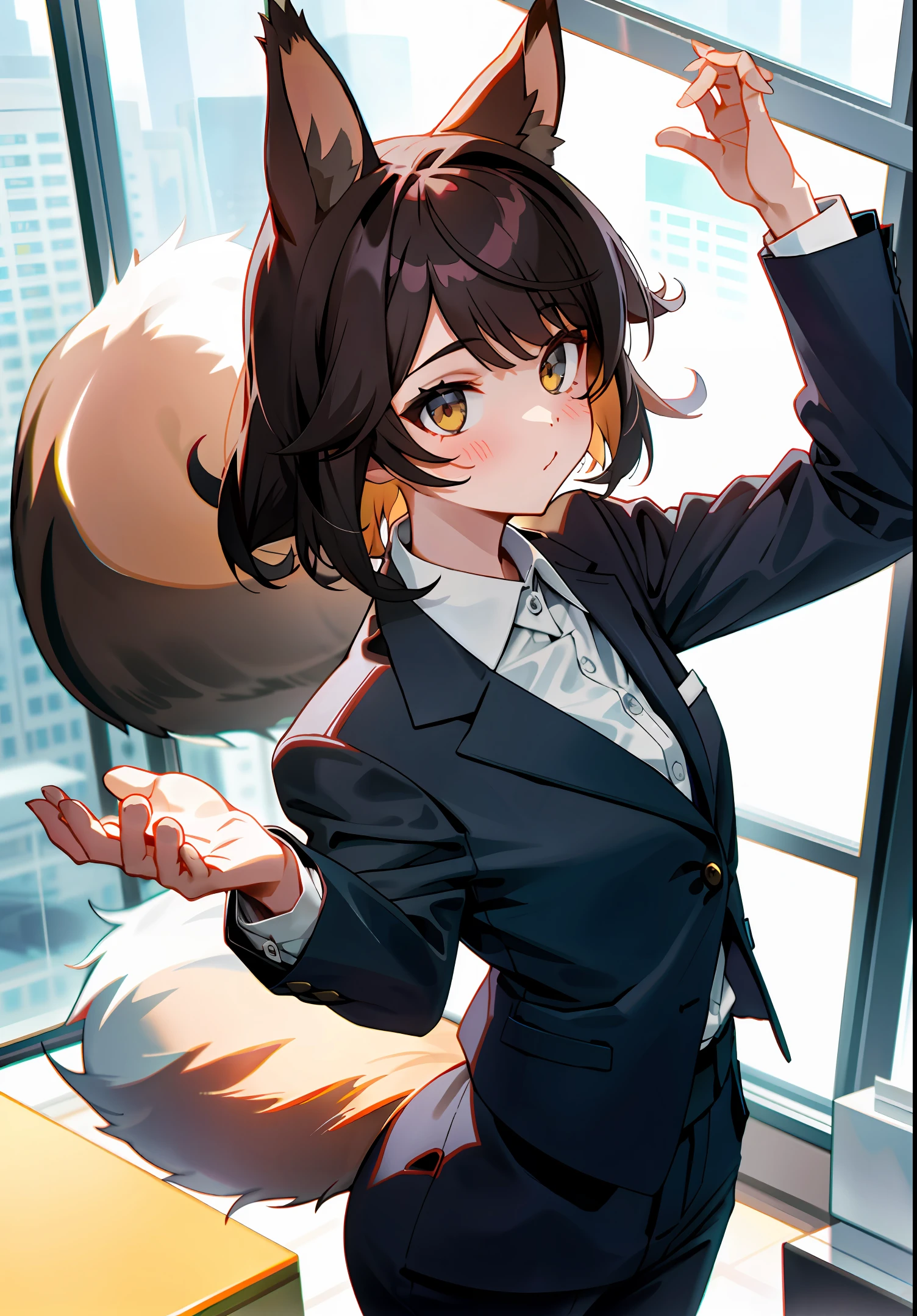 Girl with squirrel ears and tail, suit, office, shortcut