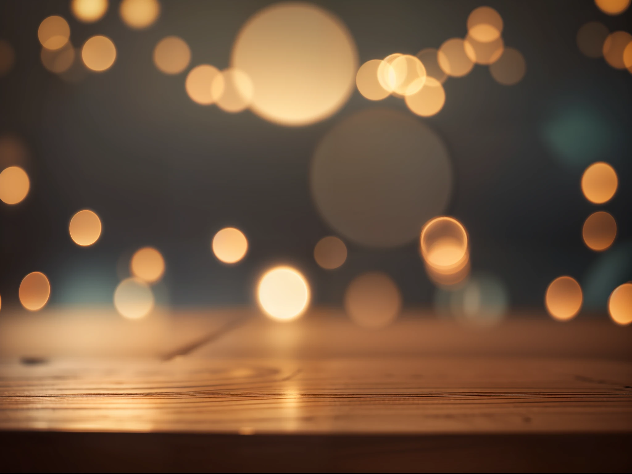 Empty wooden table top with bokeh lights on blurred