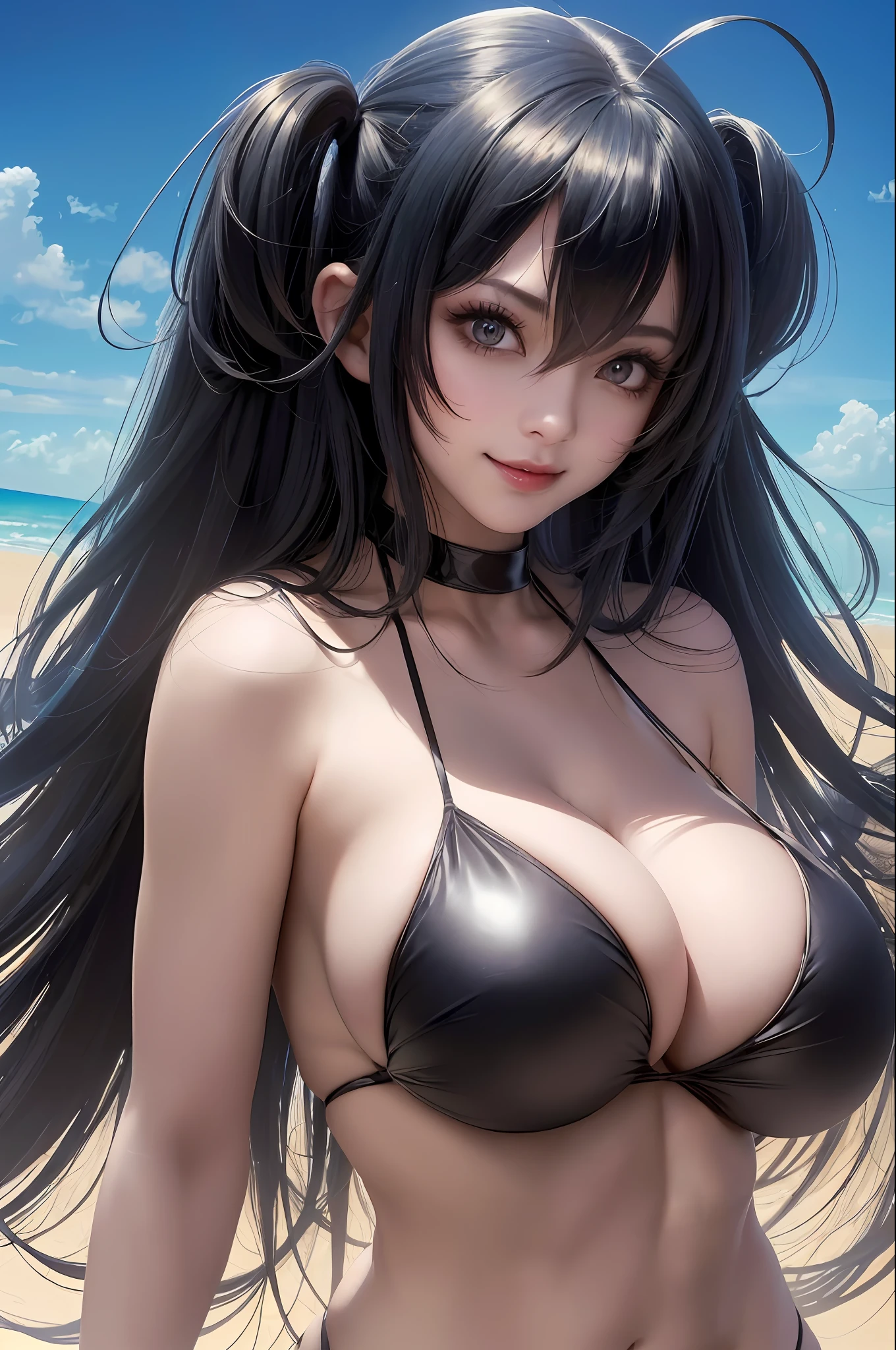 Best Quality, Illustration, 1 Girl, (Huge Breasts, Big, Hanging Breasts:1.3), Taiho, Simple Background, Posing, Smile, Half Naked, Long String Bikini, Glamorous, 8k, Perfect, Racy Micro Bikini, Shiny oiled skin, Posing, Beautiful Model, Tutle, Fine Art, erotic poster , CG digital art , best of all works, anime hair