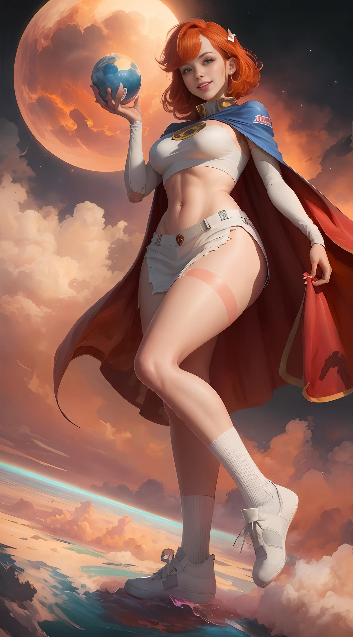 (((Towering over you)))), Belle Delphine in provocative crop top, red hair, smiling badly, standing on a planet in space with her whole body in sight, socks without the heel part, heel out of socks, socks with heel exposed, heel exposed, wearing a cape, cape over the shoulders, white colored clothing, planets, short hair, Bob Hair with Bangs, looking at the viewer, seen from below wearing a cape, sock torn on the heel, heel skin exposed, heel, sock torn, bangs bob hair, heel detailed, sock torn on the heel, bare feet, no shoes
