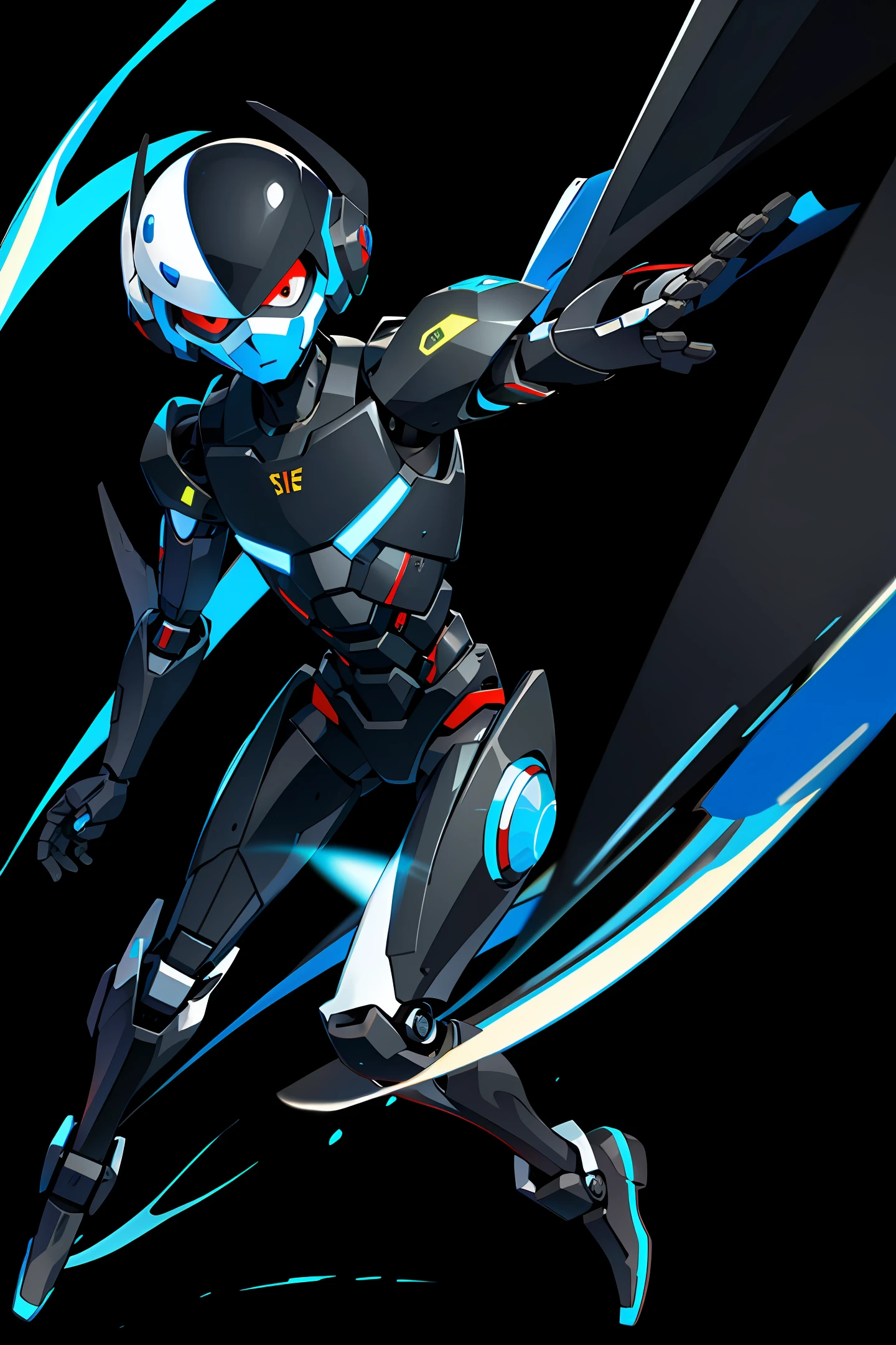 A humanoid-type robot in the colors blue, black, red and white and green, flying in cartoon style