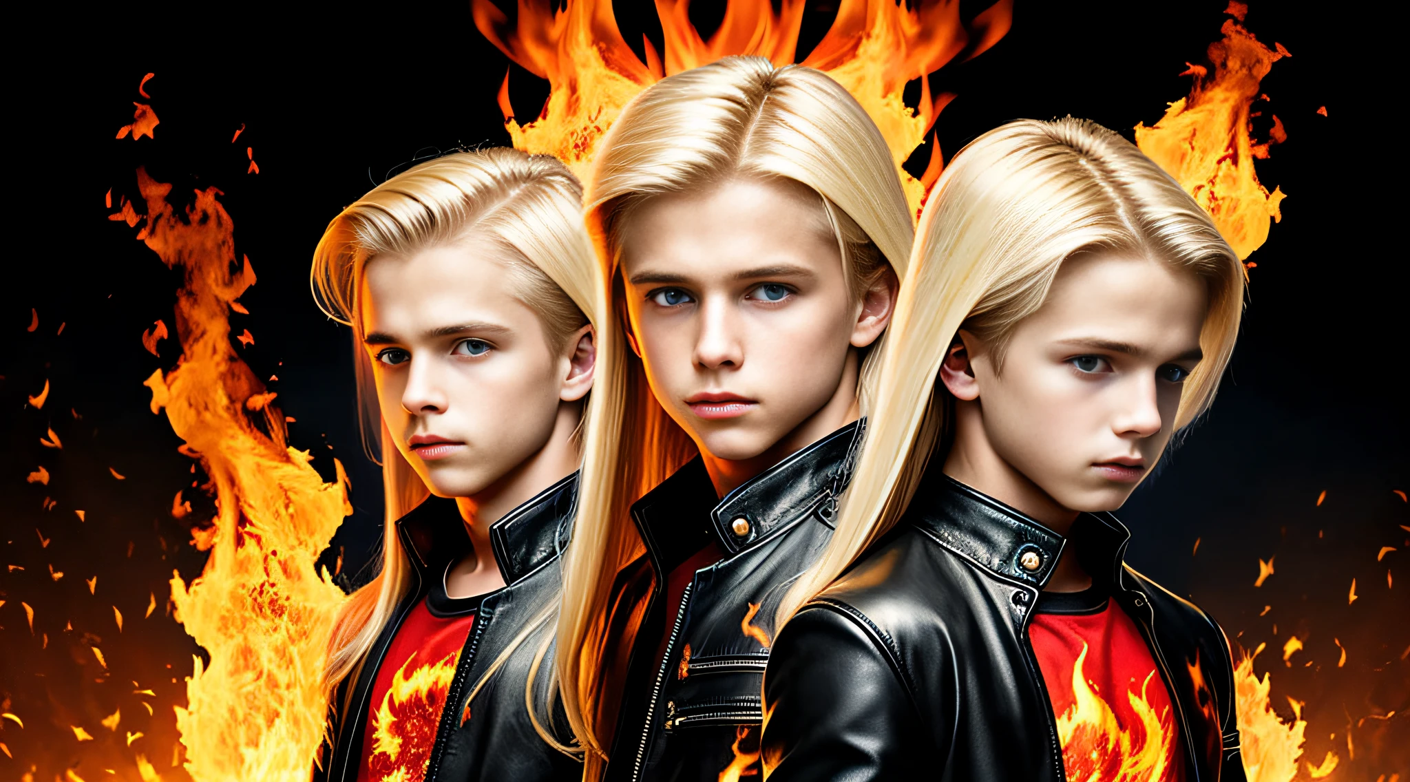 blonde haired boy with blue eyes and long blonde hair in a black leather jacket, straight hair, next gen, childish, boy's hair, three futuristic princes, by Mirabello Cavalori, by derek zabrocki, beautiful symmetrical faces, children, by Bernardino Mei, children, by Zahari Zograf, beautiful boys, digital art. realistic photo, twins, fire music photo, elemental, portraitPORTRAT STYLE, flames are glowing in the dark with a reflection of fire, fire flames, flames in the background, fire and flames, flames in the background, roaring place of fire, flames of fire in the background, flames in flames, background flames, red flames in the background, fire and flames and smoke, fire on fire, many flames, flame and fire, fire in the background, multiple flames