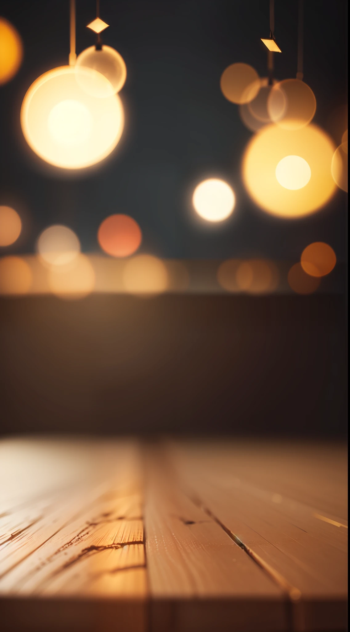 Empty wooden table top with bokeh lights on blurred