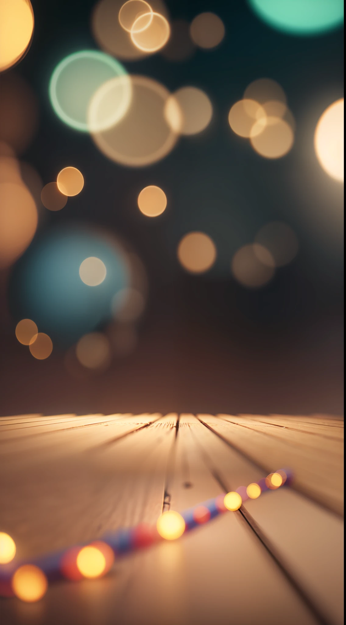 Empty wooden table top with bokeh lights on blurred