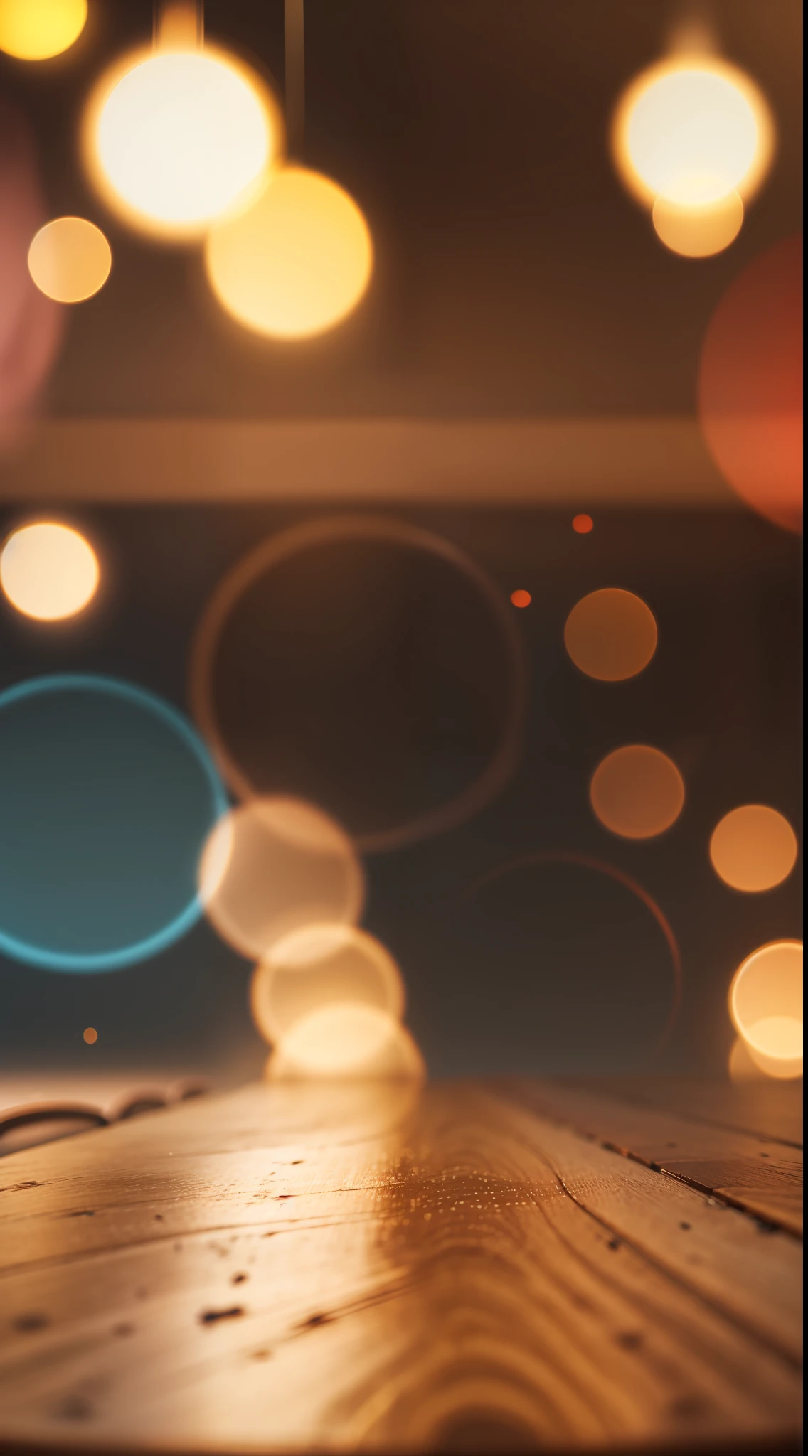 Empty wooden table top with bokeh lights on blurred