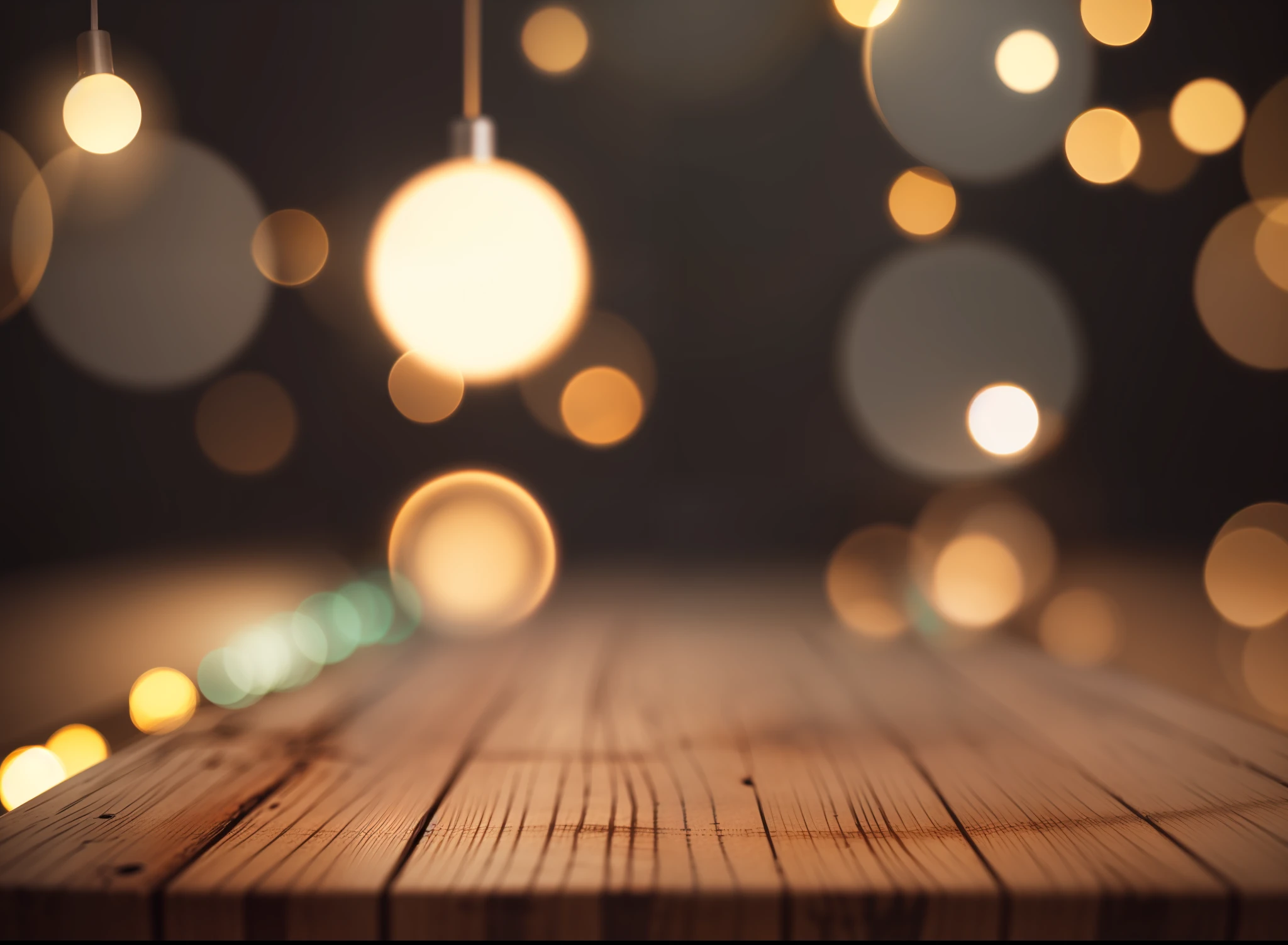 Empty wooden table top with bokeh lights on blurred