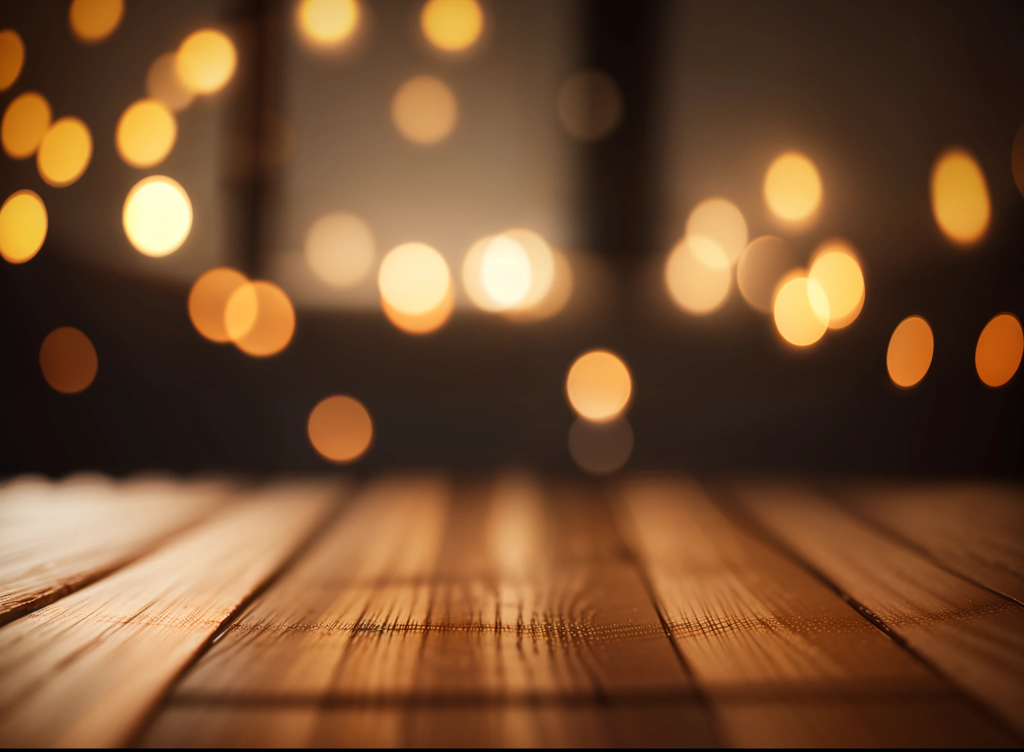 Empty wooden table top with bokeh lights on blurred