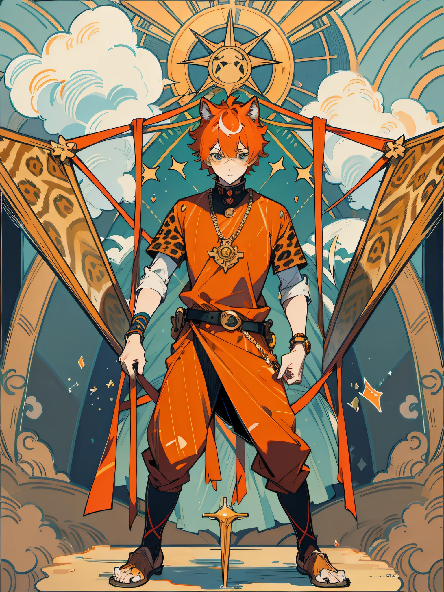 Full body, 1 anime man with orange short hair, animal: leopard, symmetrical, tarot card