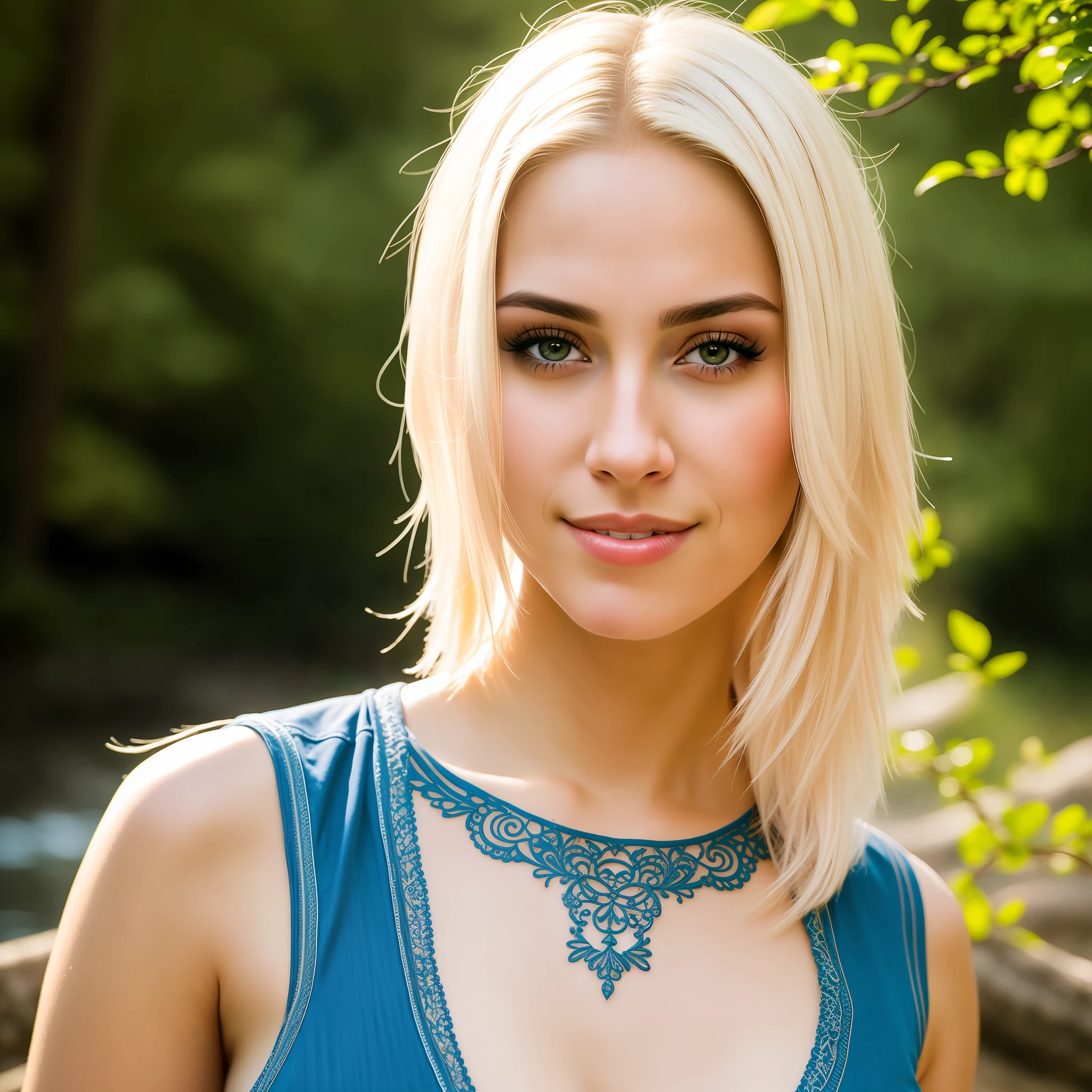 RAW photo, a close portrait photo of 30 y.o woman, cosplay, big lips, make-up, tatoo, smile, tanned skin, [ash blonde | ginger | pink hair], [undercut hair | long haircut], pale skin, slim body, (high detailed skin:1.2), 8k uhd, dslr, soft lighting, high quality, film grain, Fujifilm XT3, flirting with camera, bridge to the paradise, masterpiece, best quality, high quality, extremely detailed CG unity 8k wallpaper, scenery, outdoors, sky, cloud, day, mountain, landscape, water, tree, blue sky, waterfall, cliff, nature, lake, river, cloudy sky, award winning photography, Bokeh, Depth of Field, HDR, bloom, Chromatic Aberration, Photorealistic, extremely detailed, trending on artstation, trending on CGsociety, Intricate, High Detail, dramatic