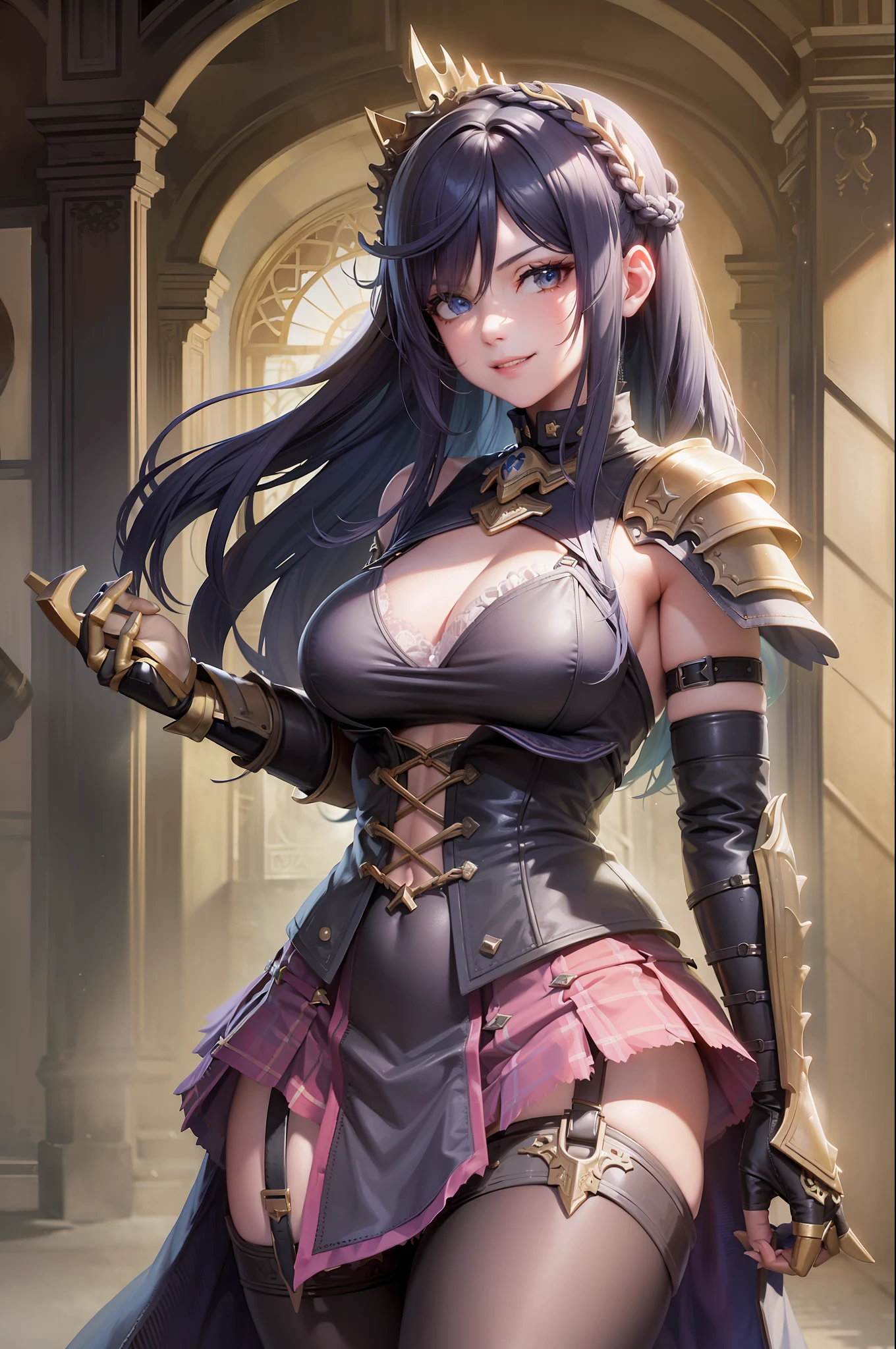 (masterpiece, best quality:1.2), cowboy shot, solo, 1girl, clementine \(overlord\), evil smile, looking at viewer, hand on srowd, armor, garter belt, gauntlets