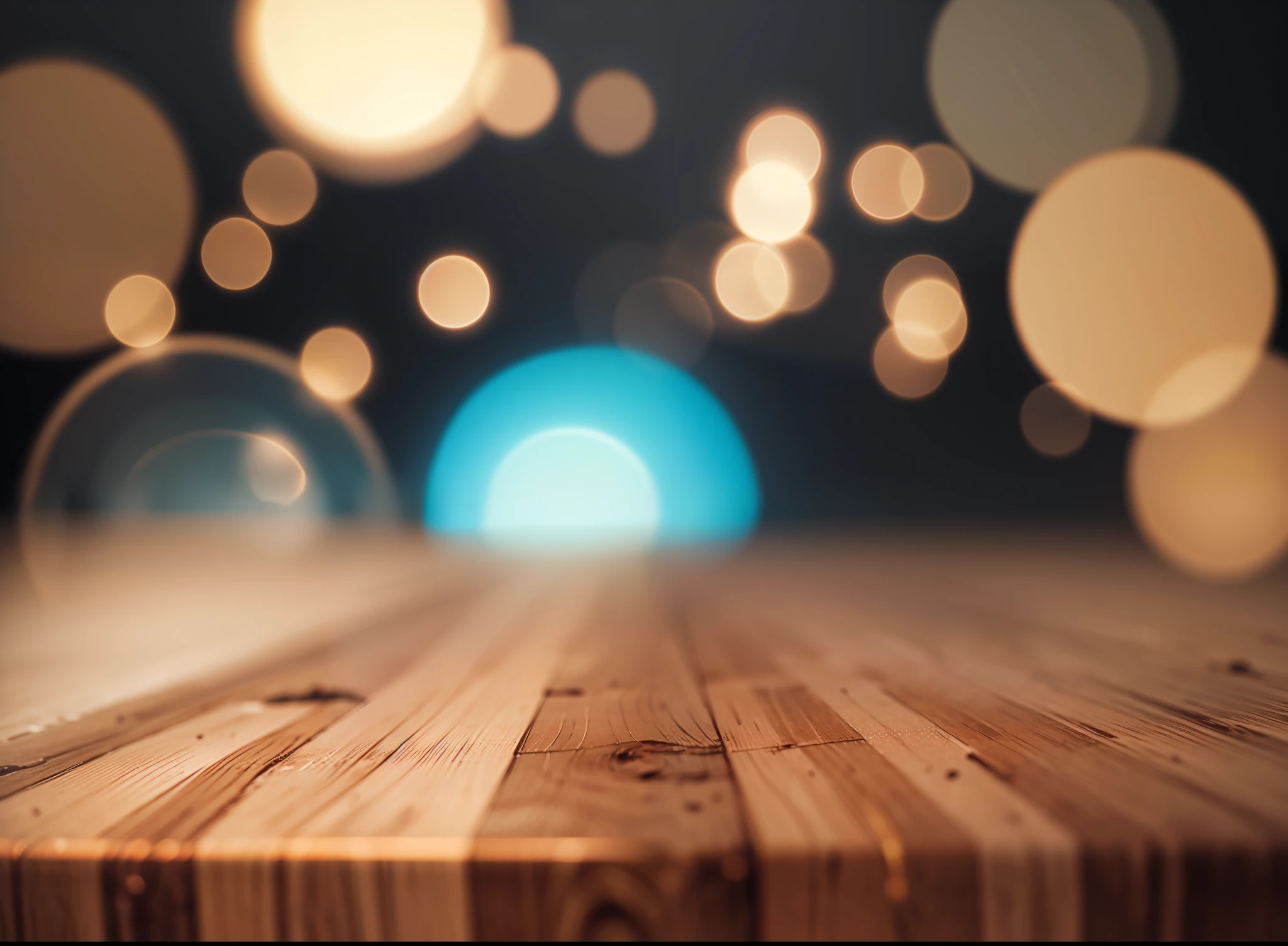 Empty wooden table top with bokeh lights on blurred