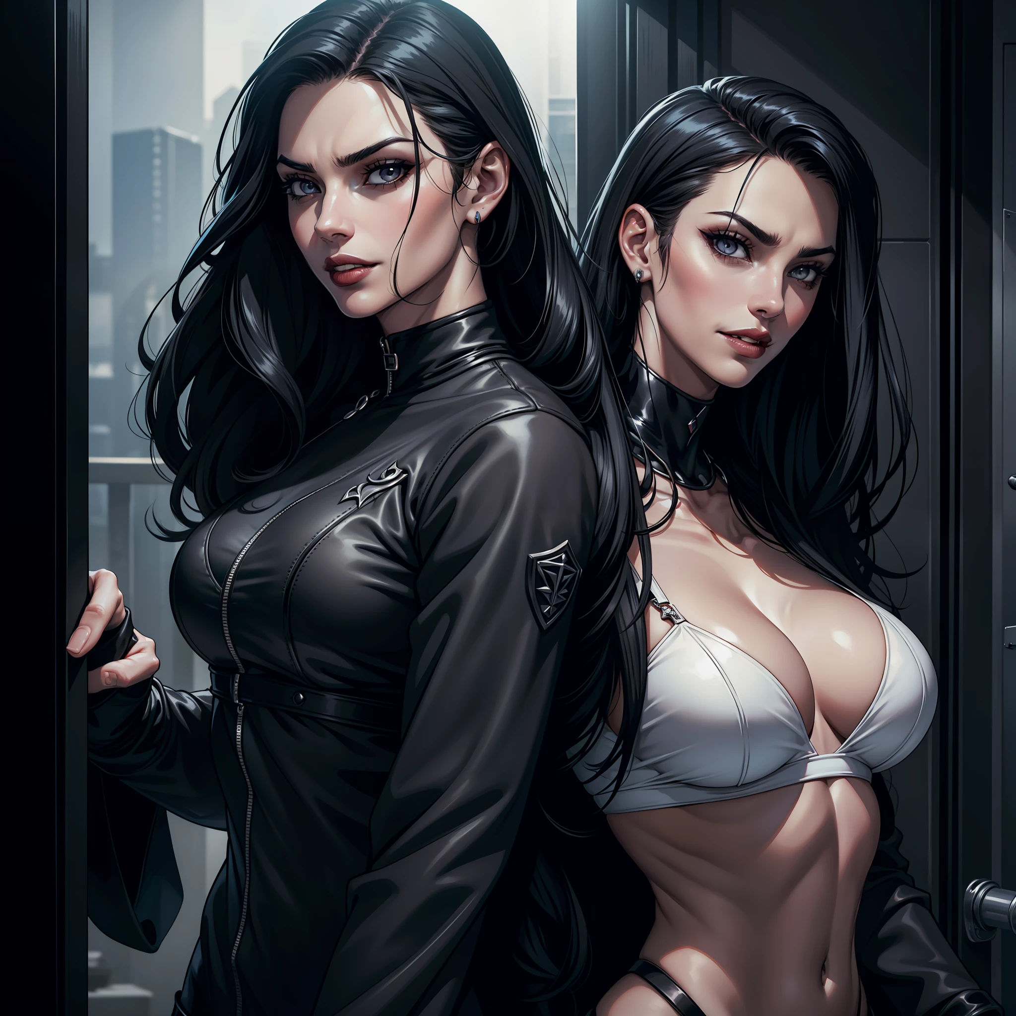 (extremely detailed 8k wallpaper), dark theme, Vampire the Masquerade, modern horror, 2020s, beautiful adult woman, wearing fine cold clothes, expensive jewelry, sharp focus, (subsurface scattering:1.1), award-winning photography, centered face, face of model suoper Adriana Lima, ((a Toreador vampire)), half-body photo:1.1, long black hair stuck, supernatural gray eyes:1.2, Serious smile, ((fleshy lips)), in front of the gym room, dramatic lighting, SFW