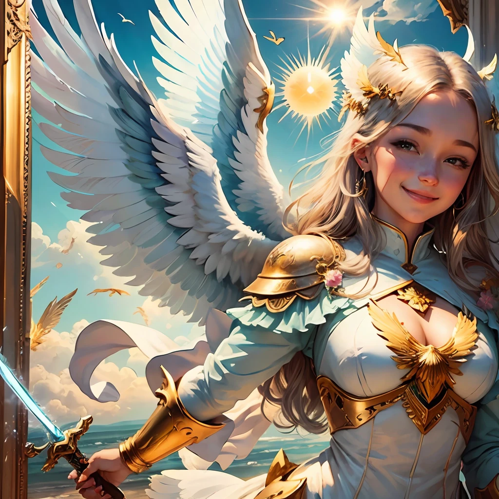 acrylic painting, transparency, guardian angel, sense of security being protected, joyful, reassuring smile, sun, strength, wink, big wings, it's okay, light, sword, firmament, magic --auto --s2