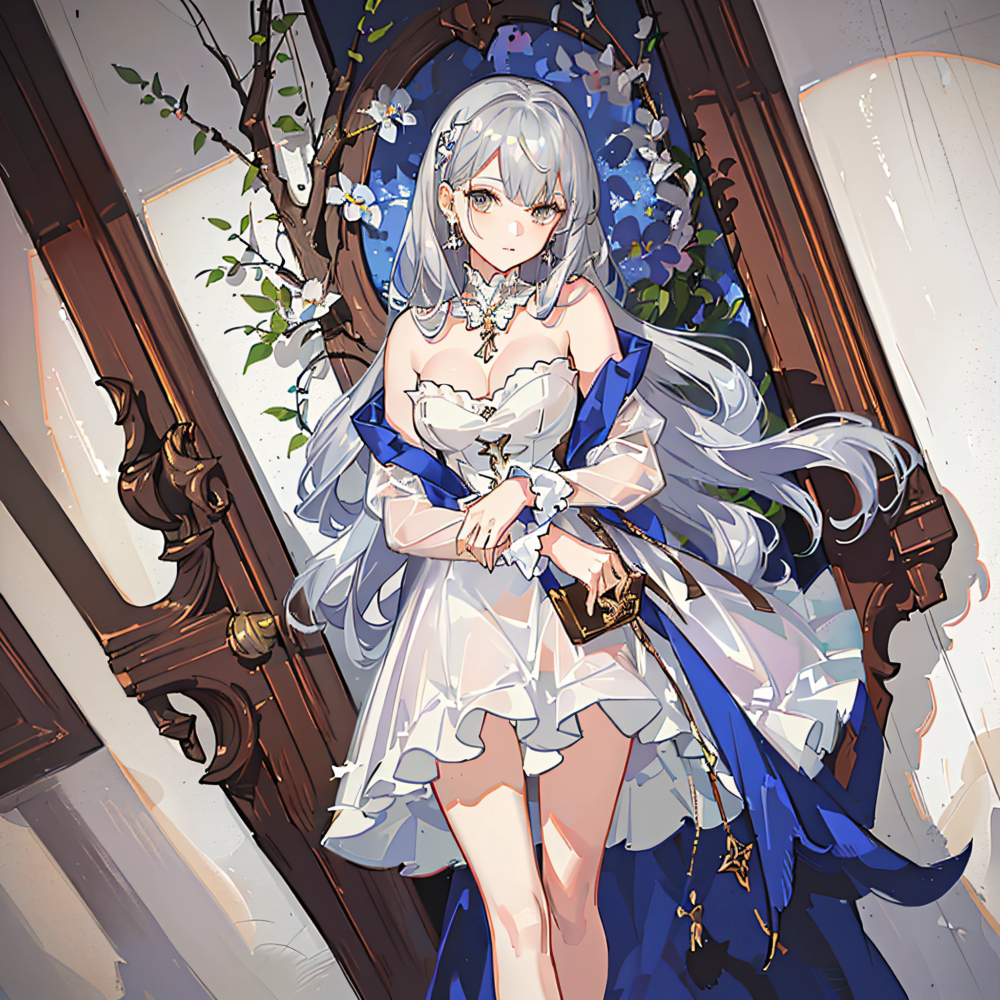 masterpiece, best quality, ultra-detailed, illustration, portrait, 1girl, st. louis \(luxurious wheels\) \(azur lane\), hair ornament, earrings, necklace, portrait, (((silver dress))), (((revealing clothes))),  looking at viewer, solo,