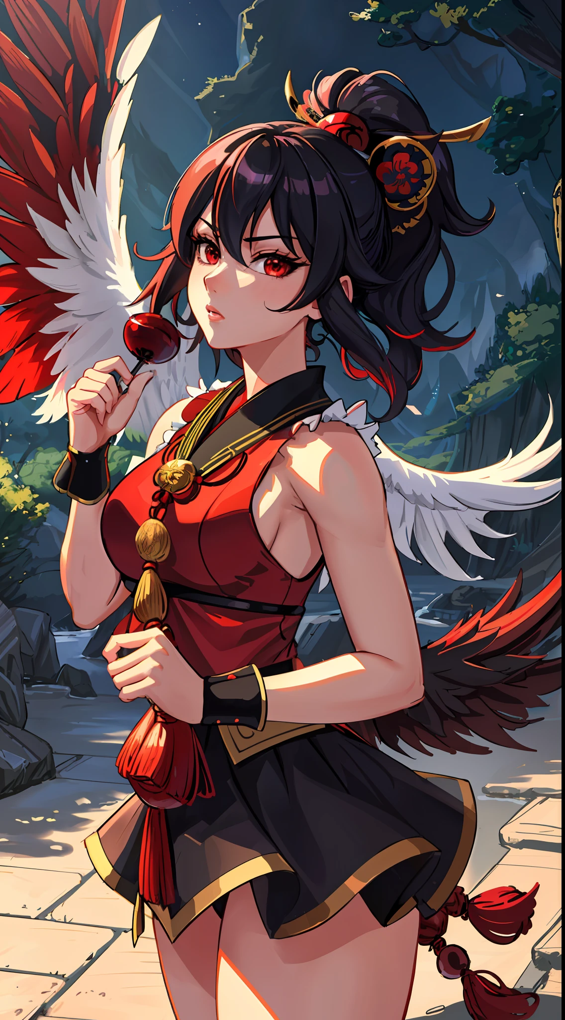 masterpiece, best quality, ultra-detailed, CG illustration, high resolution, better lighting, best shadow, extremely delicate and beautiful, appropriate shading, HD, 8k, ray tracing, hyper detailed and sharp background, perfect lights, anime style, Inspired by the game Mahokenshi: House of Ruby (Tengu, winged mountain kami, aggressive, red and white colors), strength, samuraipunk, solo, 1 woman, black hair, red eyes,  adult, obi tassel,