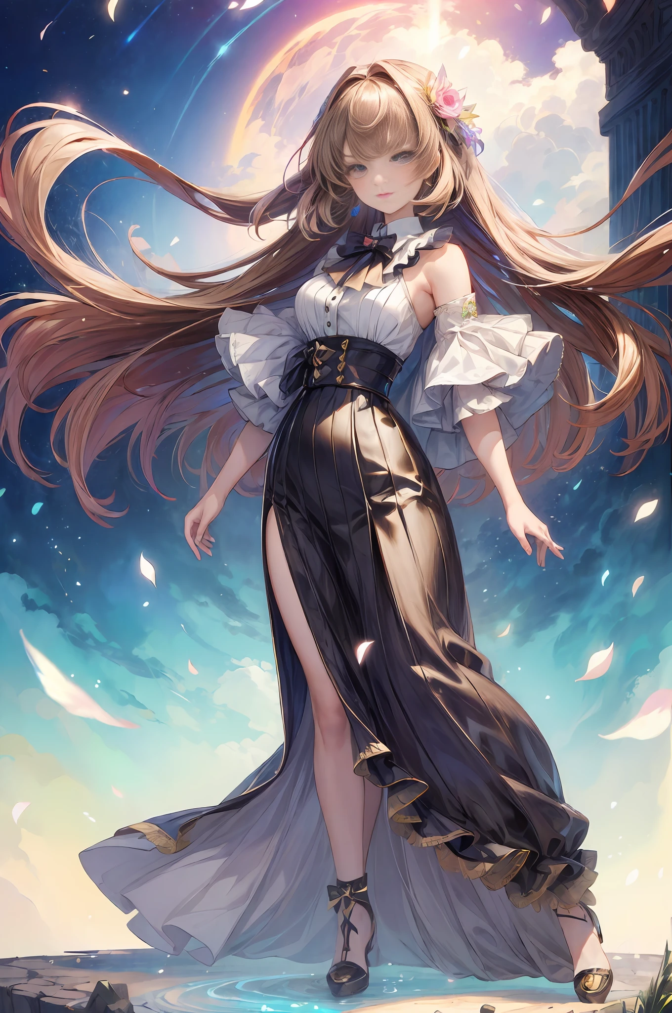 (( wide shot, full body:1.5)),// (((masterpiece))), (((best quality))), ((ultra-detailed)), (illustration), (1 girl), curly hair, (solo), ((an extremely delicate and beautiful)), girl, ((beautiful detailed sky)), beautiful detailed eyes, hairs between eyes, ribbons, bowties, heart buttons, bare shoulders, blank stare, close to viewer, ((breeze)), Flying splashes, Flying petals, wind, brown hair, multi color eyes, hair ornament,gacha style alter, gacha splash, official art, glowing particles