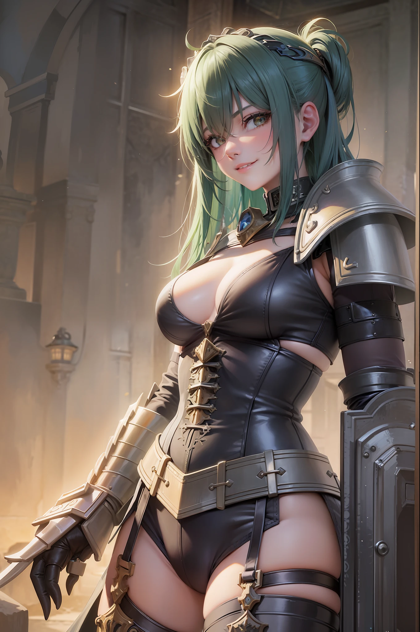(masterpiece, best quality:1.2), cowboy shot, solo, 1girl, clementine \(overlord\), evil smile, looking at viewer, hand on srowd, armor, garter belt, gauntlets