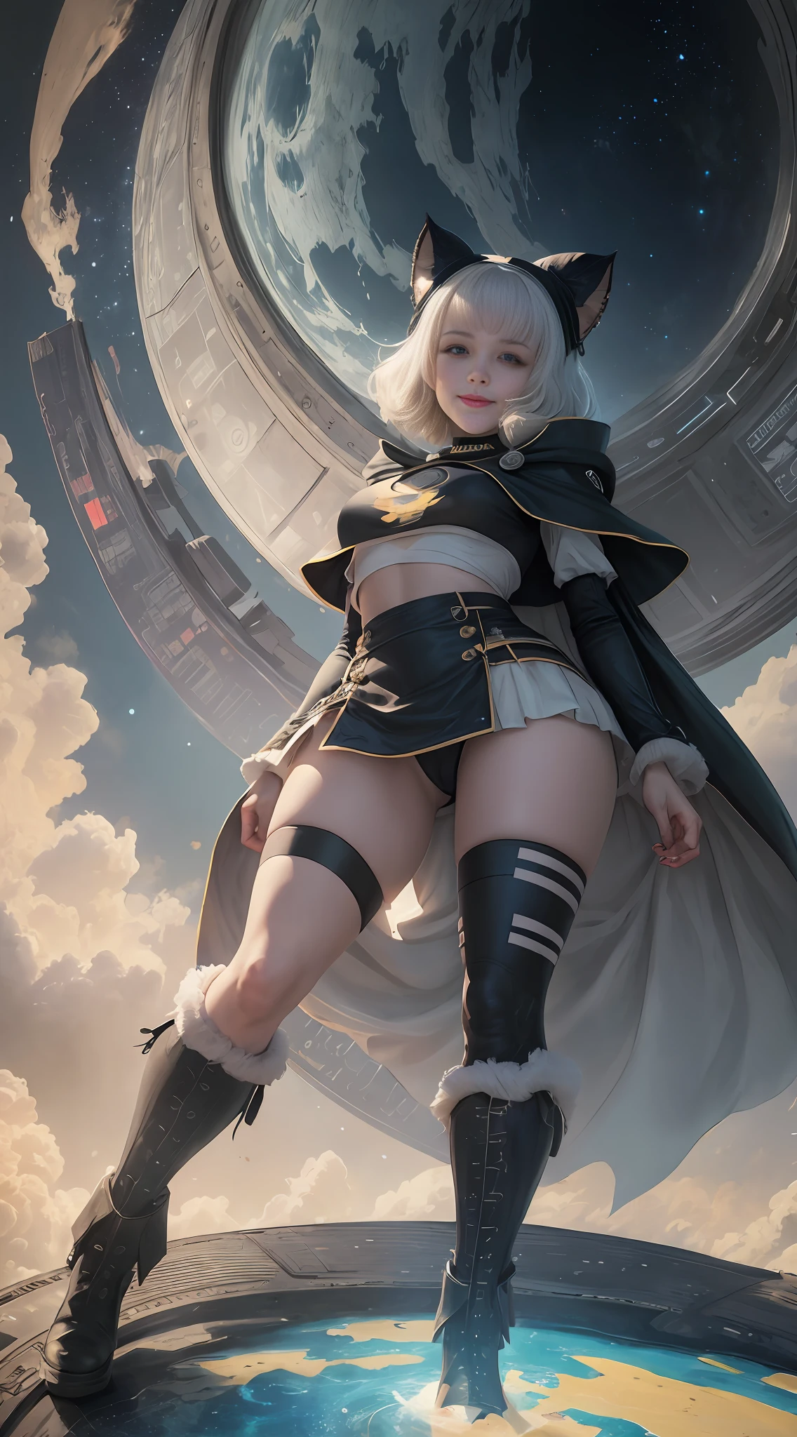 Belle delphine (((Towering over you)))), Belle Delphine of provocative crop top, smiling badly, standing on a planet in space with her whole body in sight, large black boots, wearing a cape, cape over her shoulders, white colored clothing, planets, short hair, bob hair with bangs, looking at the viewer, seen from below wearing a cape, torn sock on heel, heel skin exposed, heel, torn sock, bangs bob hair, black boots
