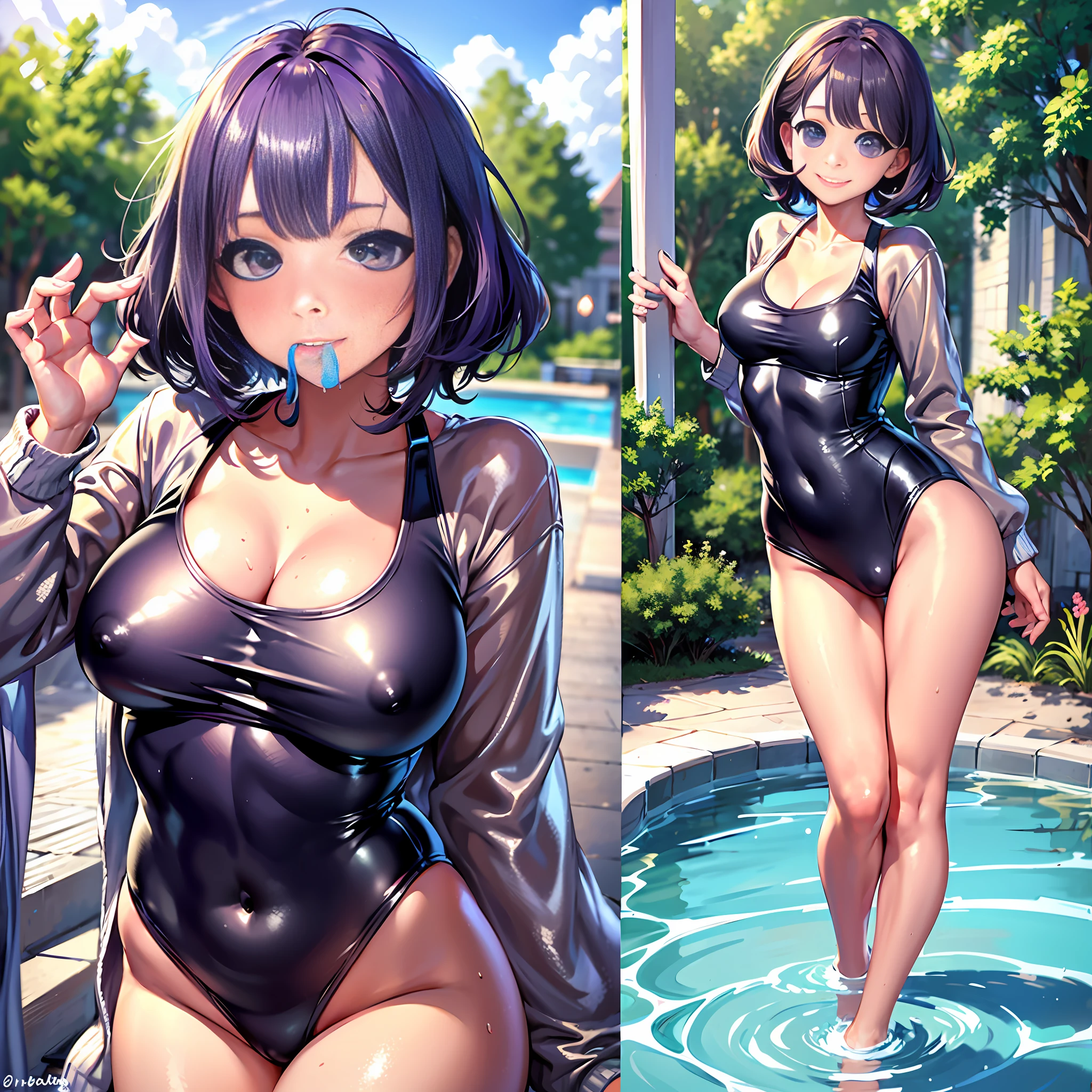 Super Smile, NSFW, (8K, RAW Photos, Top Quality, Masterpiece: 1.37), Ultra High Definition, One Girl, Solo, Cute, Beautiful Sky in Detail, Detailed Pool, Standing, Date, (Nose Blusher), (Smile: 1.1), Medium (With Mouth Closed), Beautiful Fine Eyes, Short Hair, Legs, School Swimsuit, Wet Hair, Wet Clothes Full Body Slime Girl
