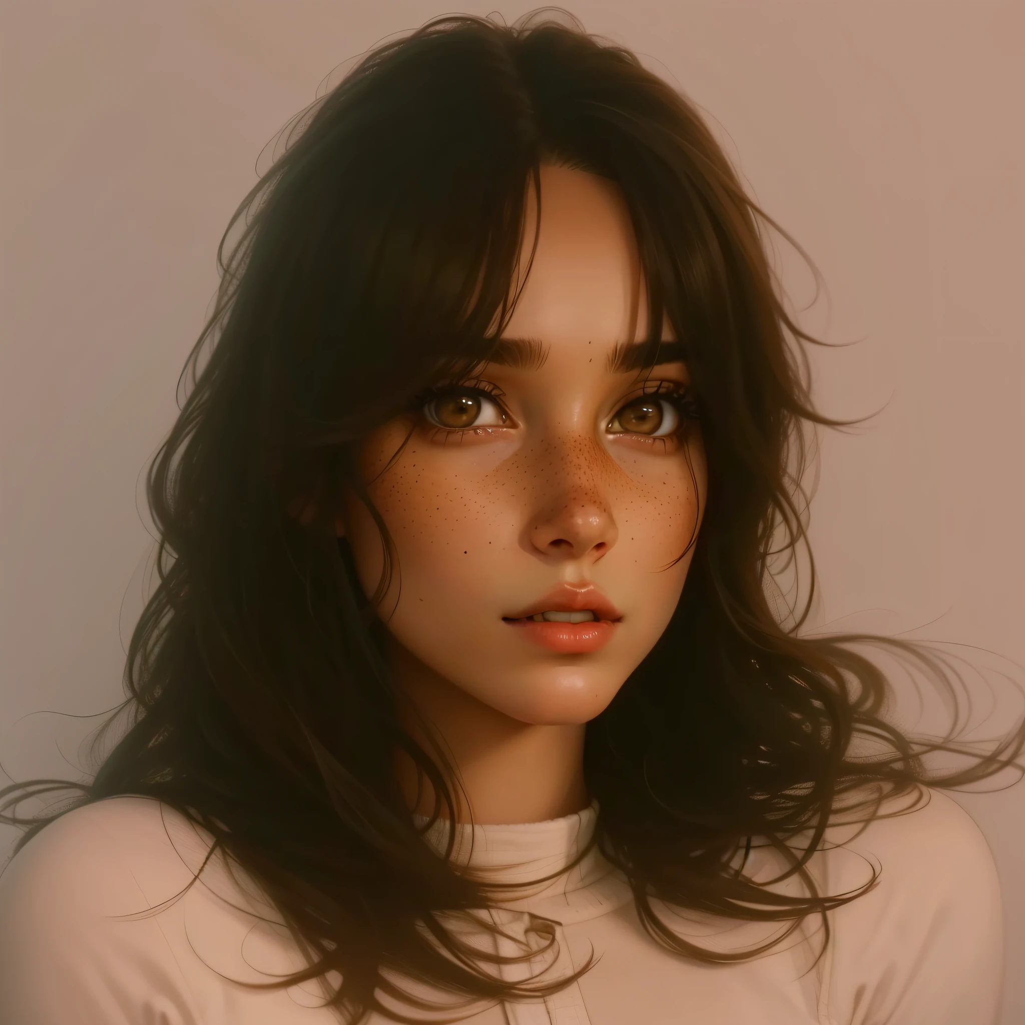 photo realistic woman, woman dark brown eyes, brown hair, penetrating and sweet look, freckles on face, ultraHD, surrealistic style, angel, detailed face --auto --s2