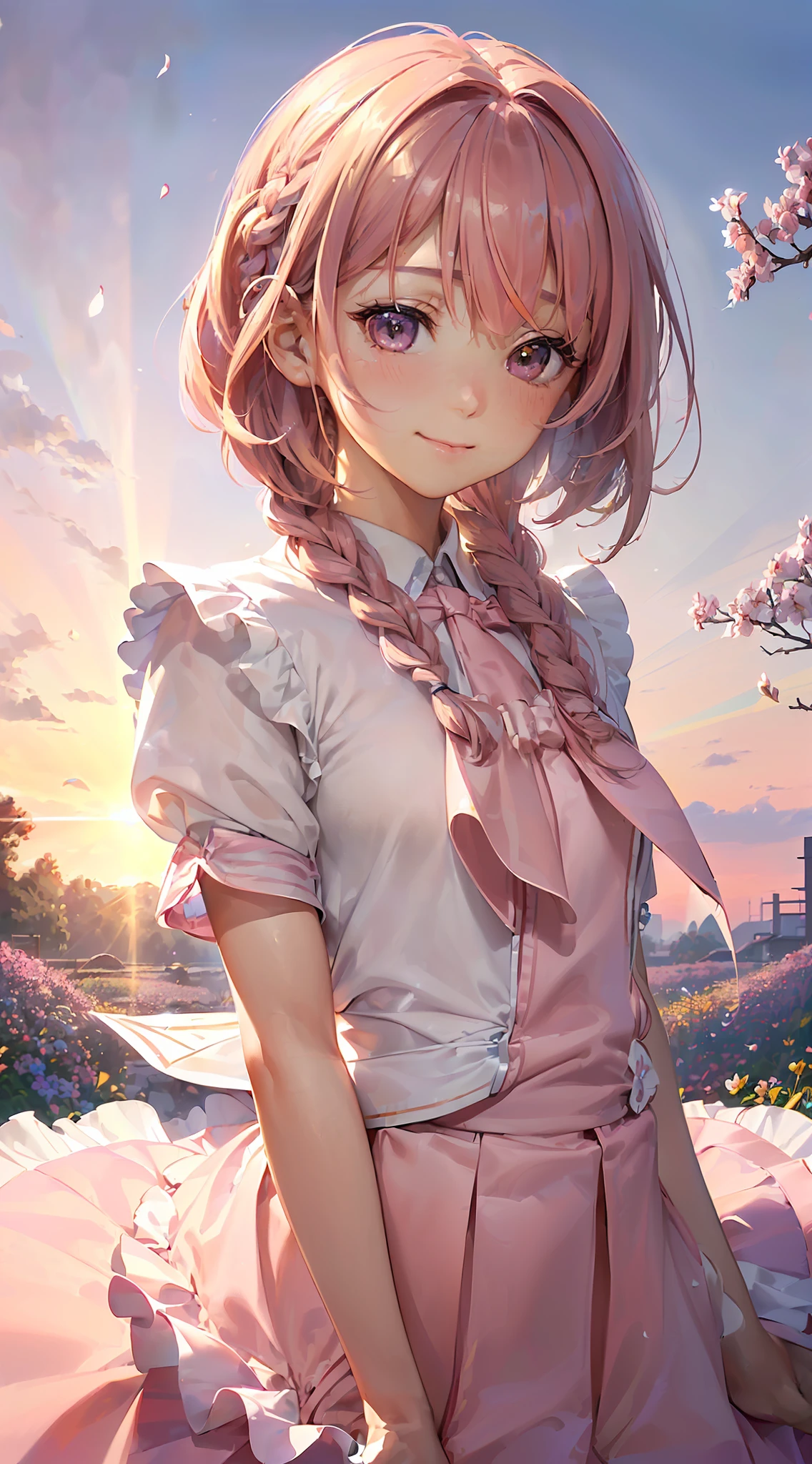 High resolution, ultra-detailed, ((((2D))), Japan person, 1 girl, -yeld hischool girl, (((pink hair)), intricate and beautiful braided hairstyle, pink school uniform, uniform by designer, short sleeves, (bob hair), dull bangs, finely detailed eyes, golden ratio face, 8 lifents, sunlight, complex iridescent light grains, complex light reflection, beautiful petal shower, background blue sky, transparency, hidden beauty, Smile, deep description, (upper body), full of energy, looking at the viewer, fantastic description, complex attraction, tenderness overflowing from within, neon, beautiful fine petals or dancing, little skin exposure, dynamism, carefully drawn fingers, many flowers drawn, soft skin, heart ribbon,