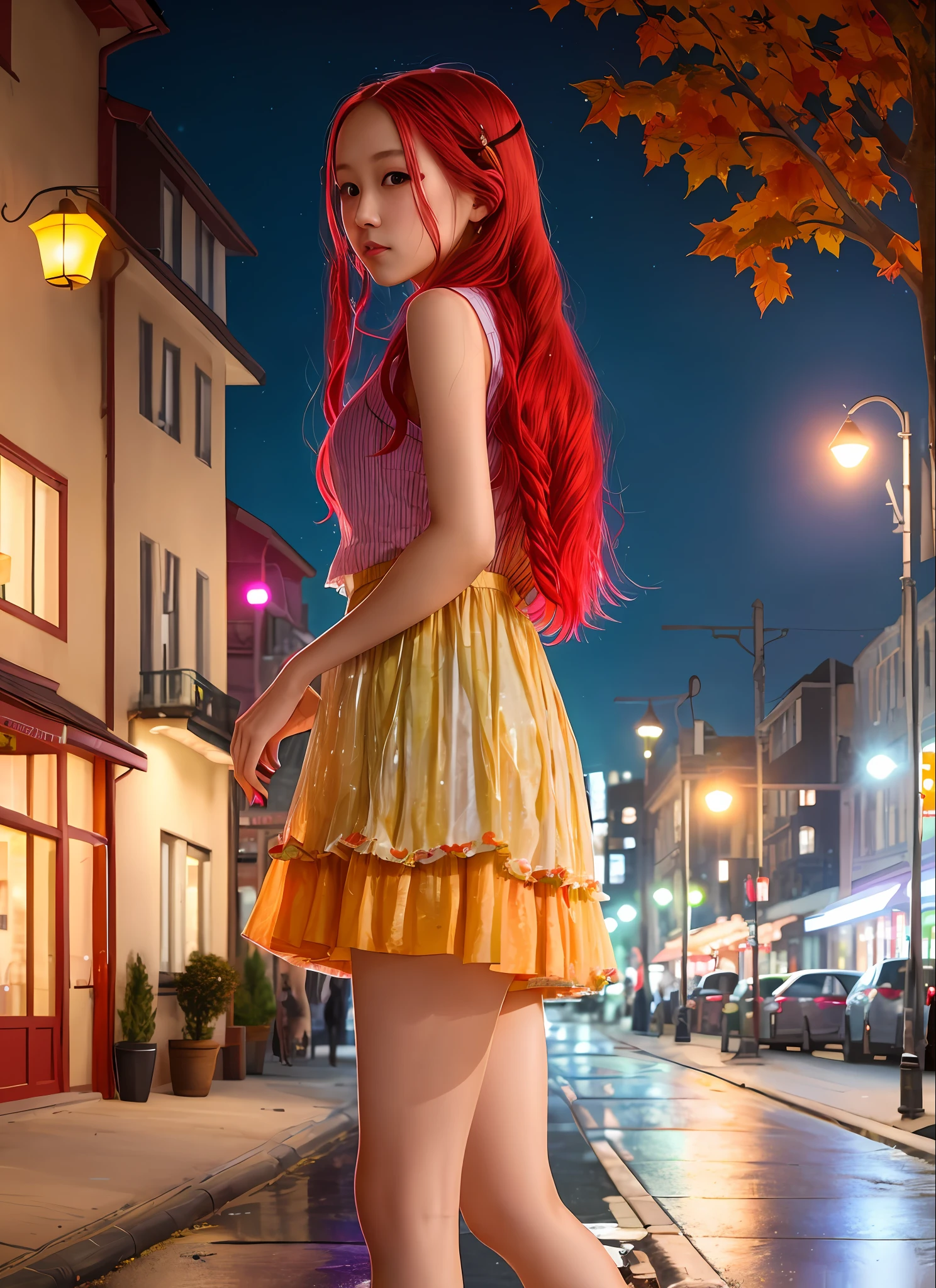 a woman, luminous design, pastel colors, Amai Liu, long red hair, paint drips, autumn lights